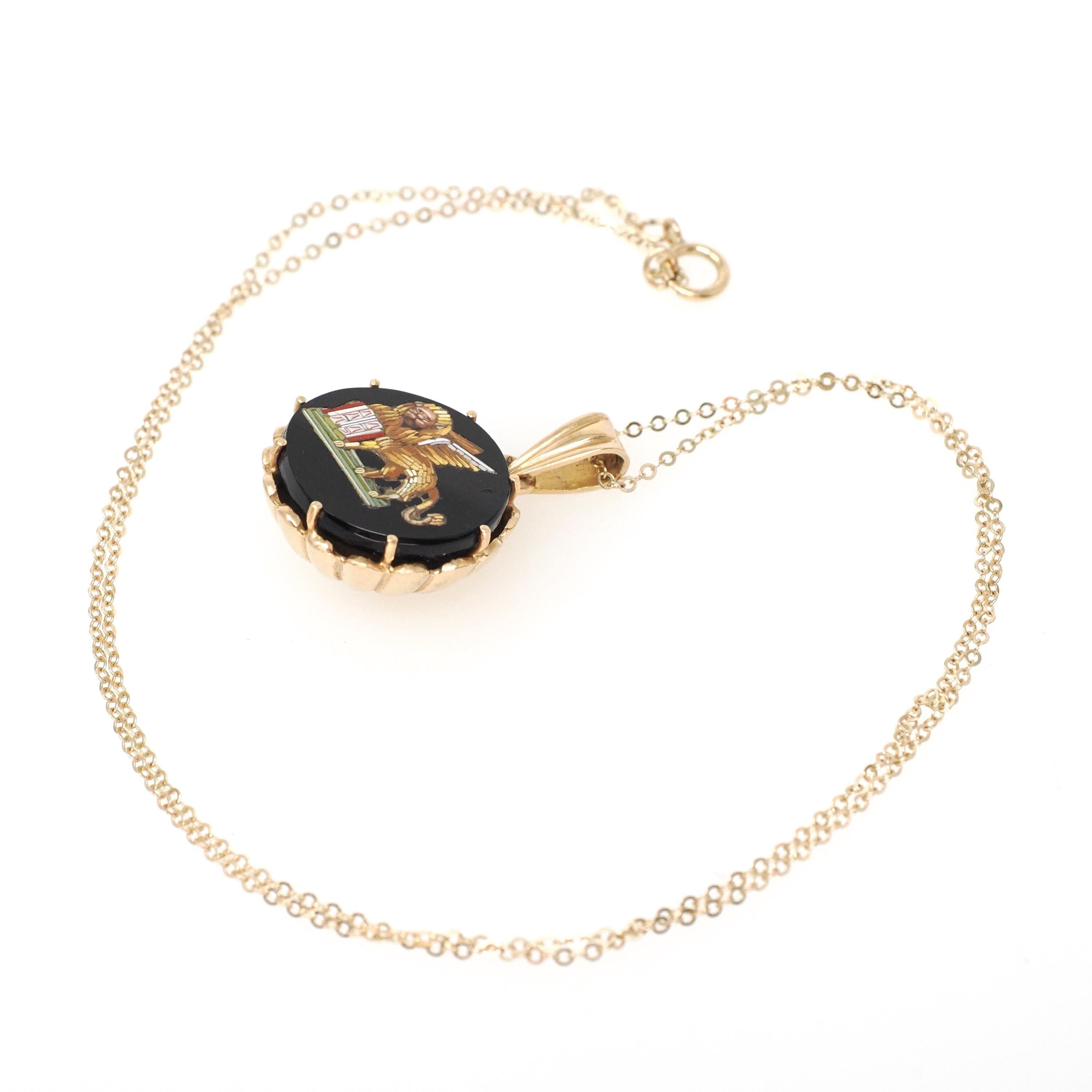 Vintage Lion of San Marco Pendant - Retro 18k Yellow Gold Black Onyx Mosaic Inlay Scene Charm - Circa 1970s Fine Victorian Revival Jewelry