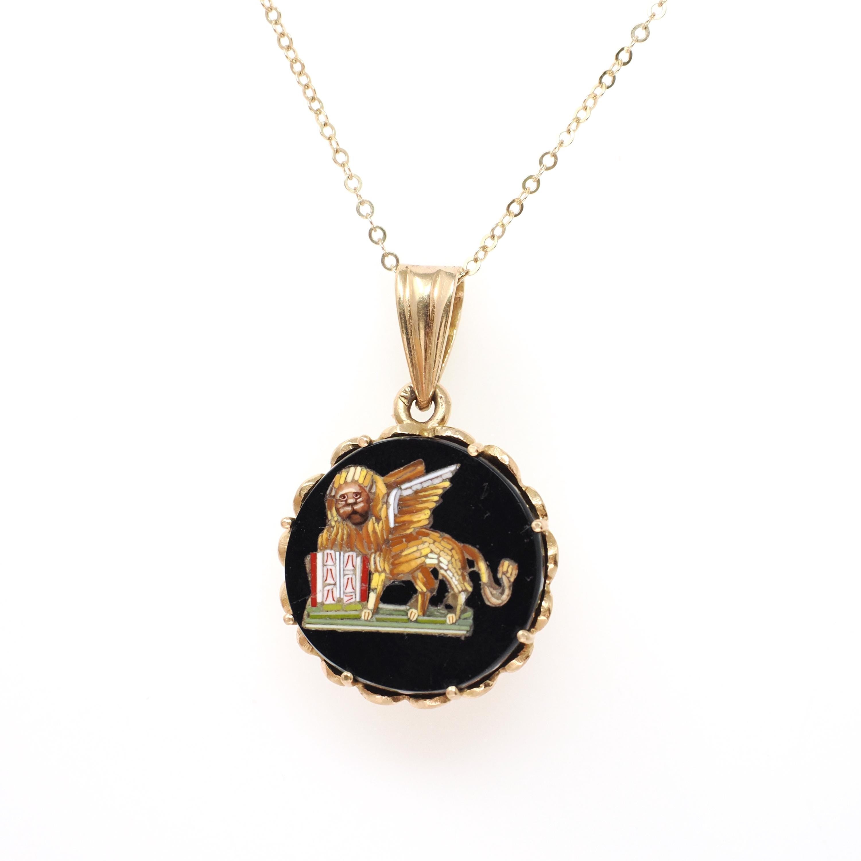 Vintage Lion of San Marco Pendant - Retro 18k Yellow Gold Black Onyx Mosaic Inlay Scene Charm - Circa 1970s Fine Victorian Revival Jewelry