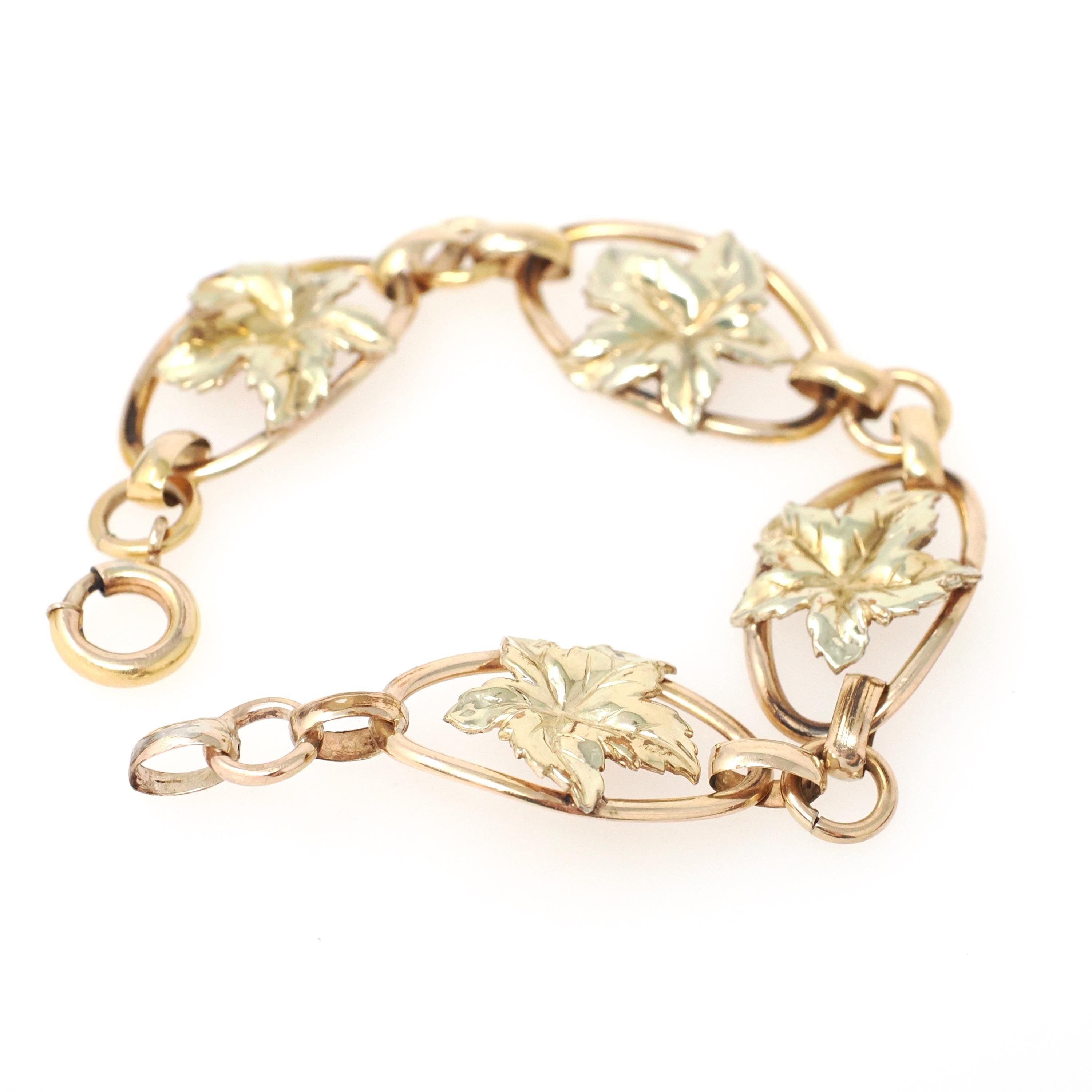 Maple Leaf Bracelet - Retro 12k Gold Filled Yellow & Rose Gold Oval Statement Panels - Circa 1940s Era Fashion Accessory Binder Bros Jewelry
