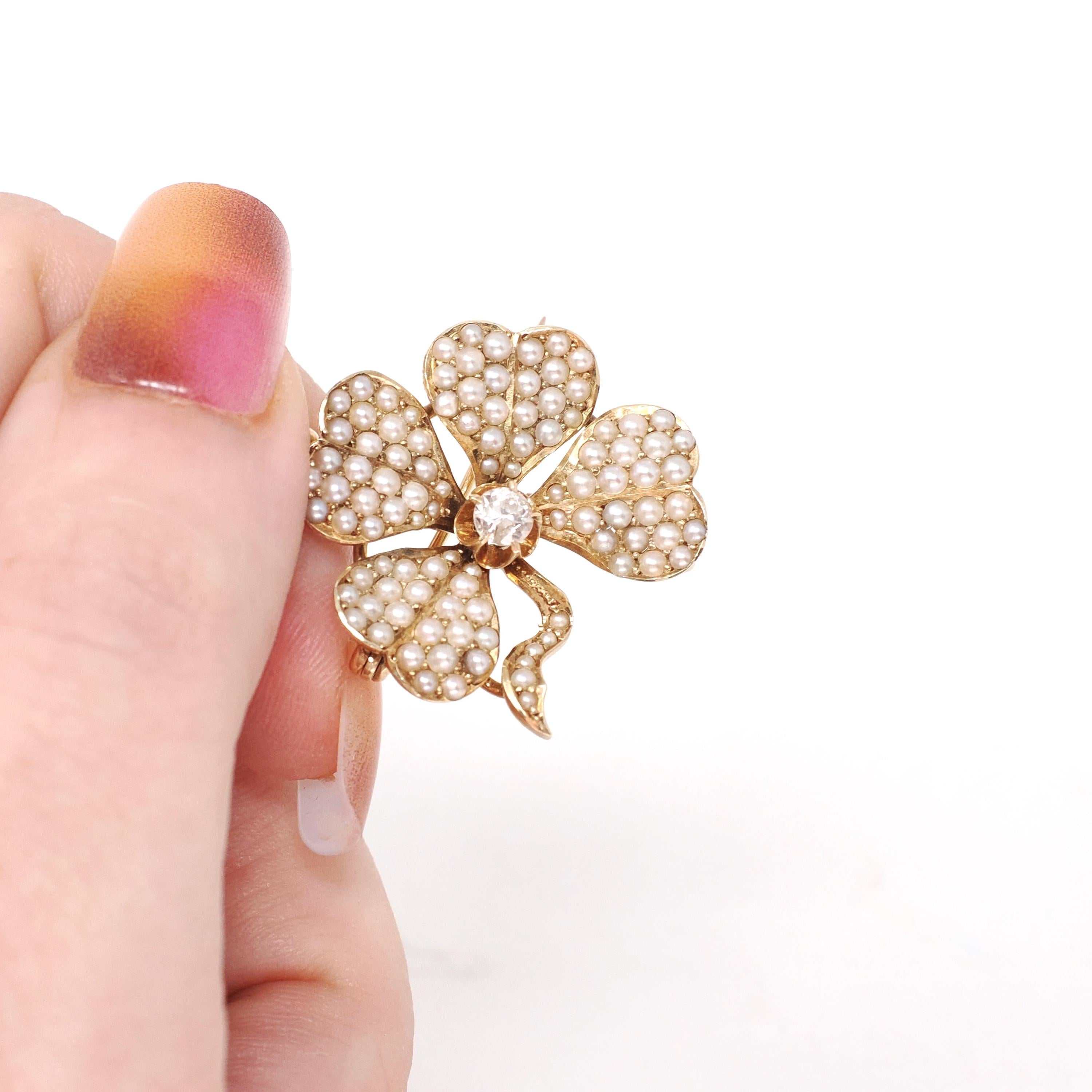 Antique Four Leaf Clover Brooch - Edwardian 14k Yellow Gold Natural Diamond & Seed Pearl Pendant Necklace - Circa Early 1900s Fine Jewelry