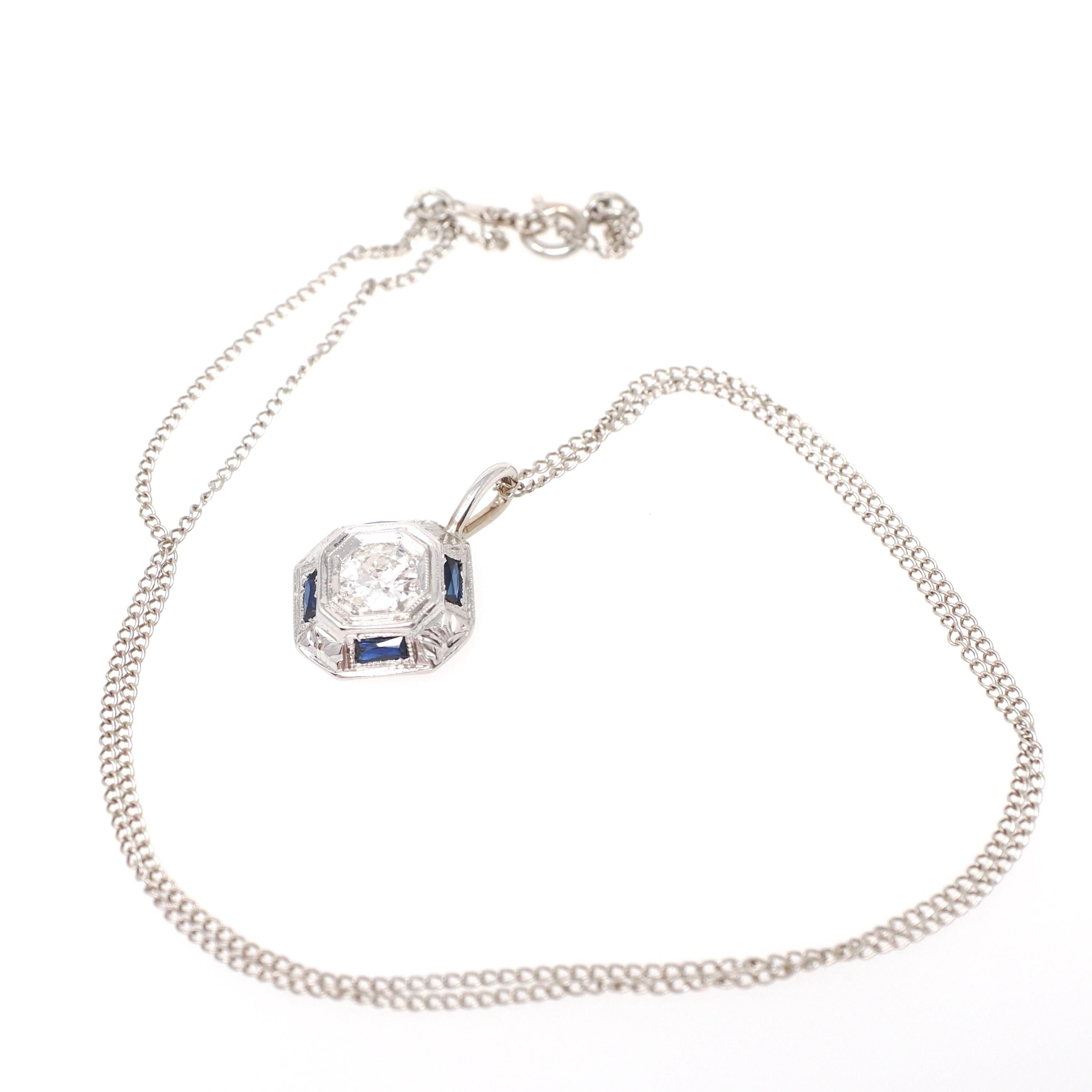 Art Deco Diamond Necklace - Vintage 14k White Gold .34 CT Old Euro & Created Blue Sapphire Pendant - Circa 1930s Era Conversion Fine Jewelry