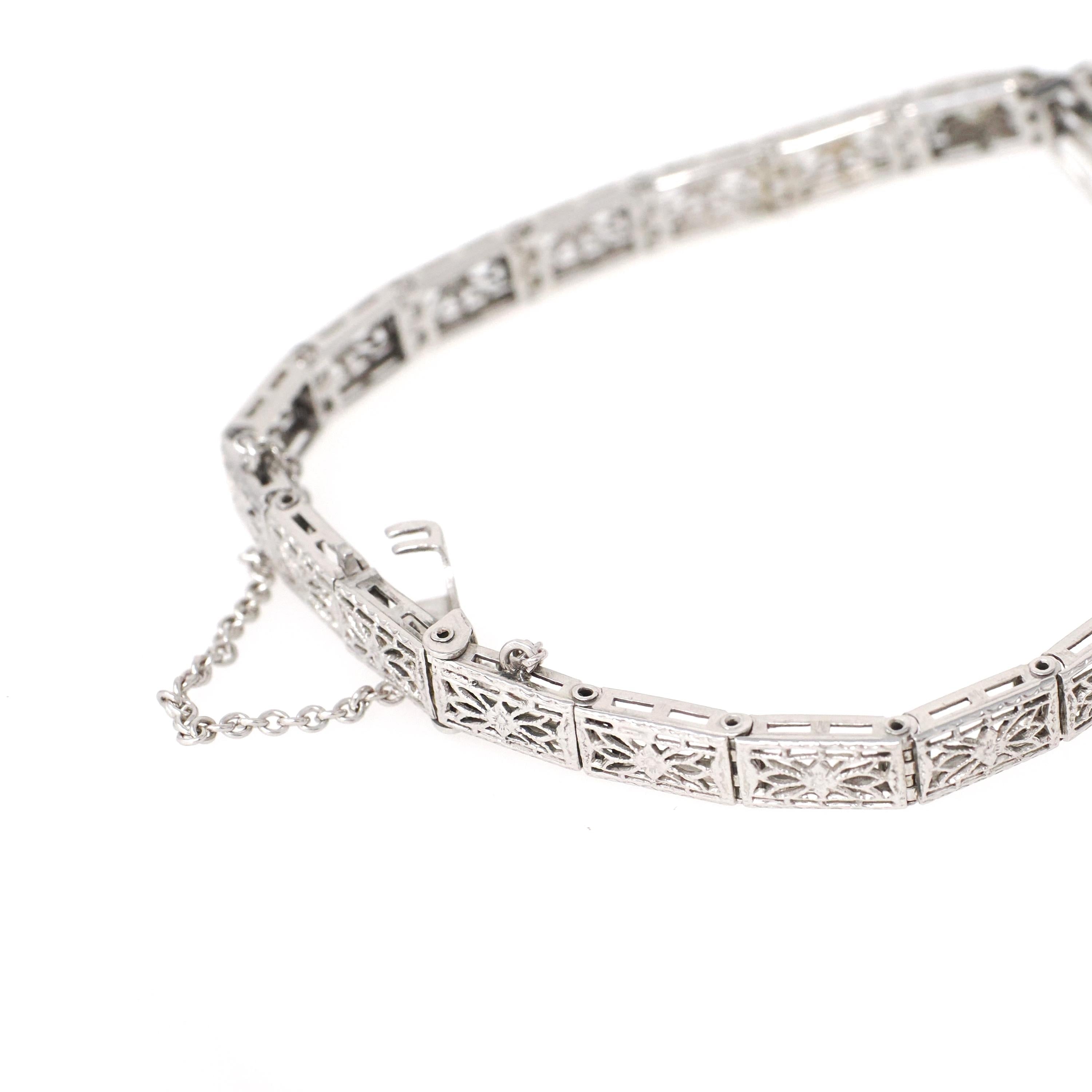 Art Deco Bracelet - Vintage 14k White Gold Natural Diamond Green Glass Simulated Emerald - Circa 1930s May Birthstone Filigree Fine Jewelry