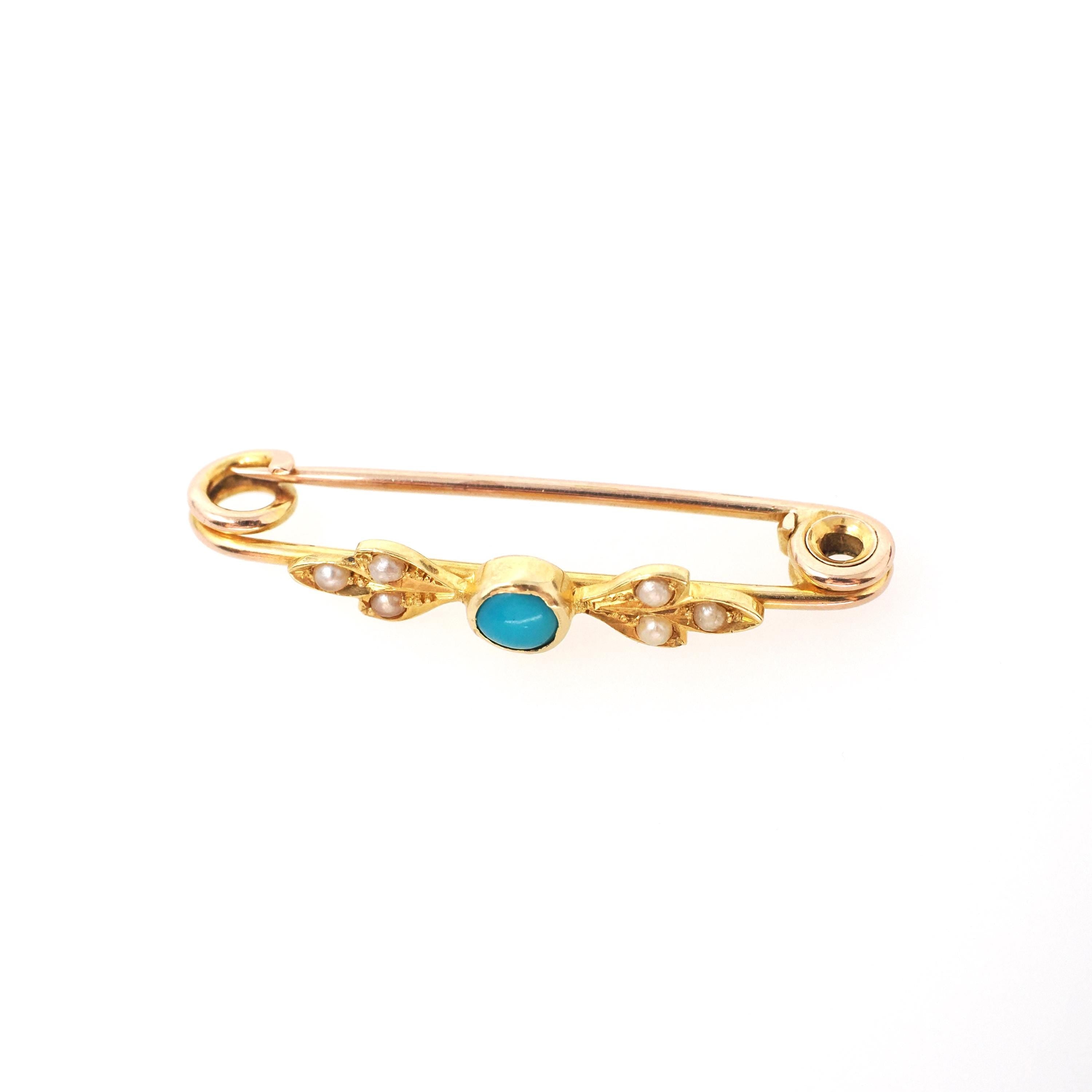 Antique Floral Brooch - Edwardian 18k Yellow Gold Natural Turquoise Gem & Seed Pearls Bar Pin - Circa 1900s Garland Fine Statement Jewelry