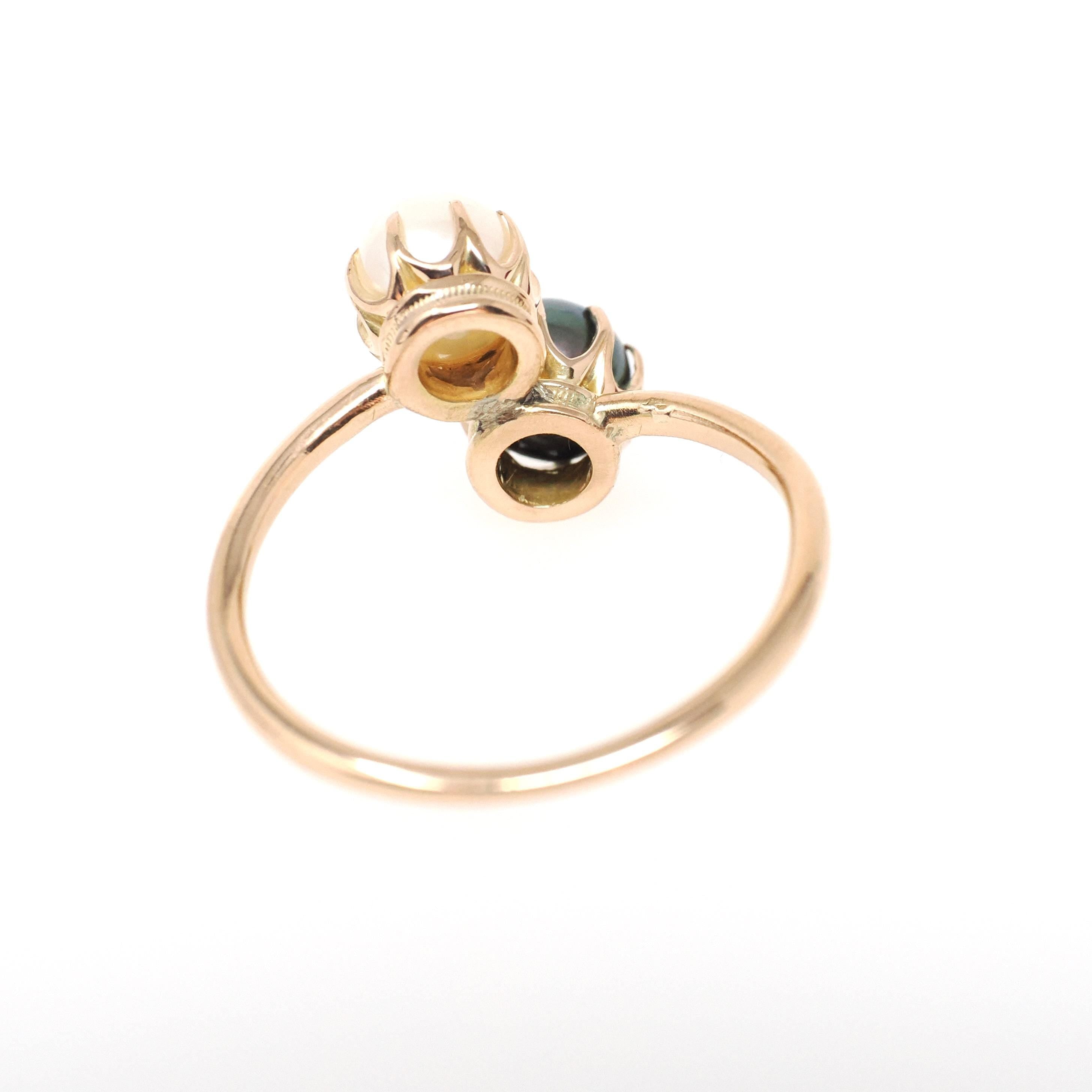 Cultured Pearl Ring - Antique 18k Yellow Gold White & Black Organic Gemstone - Edwardian Circa 1910s Era Size 5 1/2 Toi Et Moi Fine Jewelry