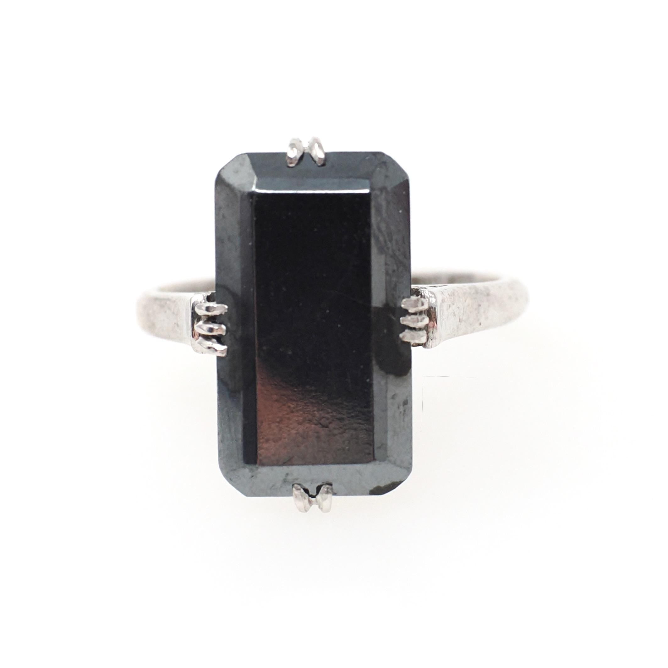 Vintage Hematite Ring - Mid Century 14k White Gold Dark Gray Metallic Solitaire - Circa Early 1960s Era Size 6 1/2 Fine Statement Jewelry
