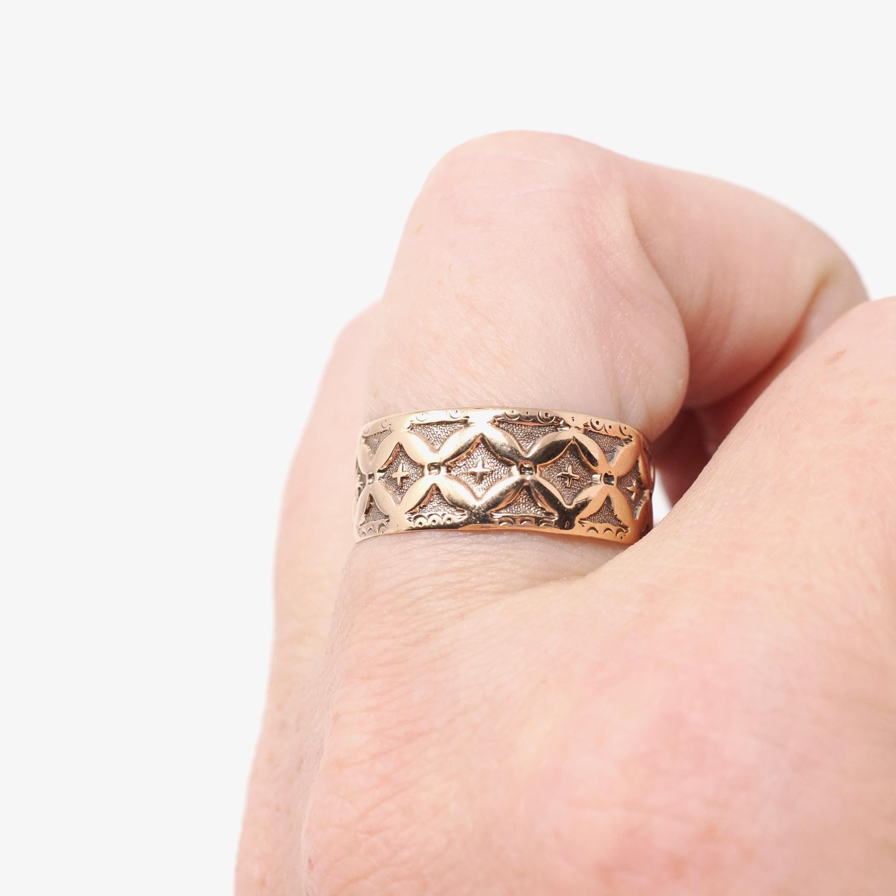 Antique Cigar Band - Edwardian 10k Rose Gold Floral & Cross Designs Wide Ring - Vintage Circa 1900s Era Size 8 Unisex Fine Stacking Jewelry
