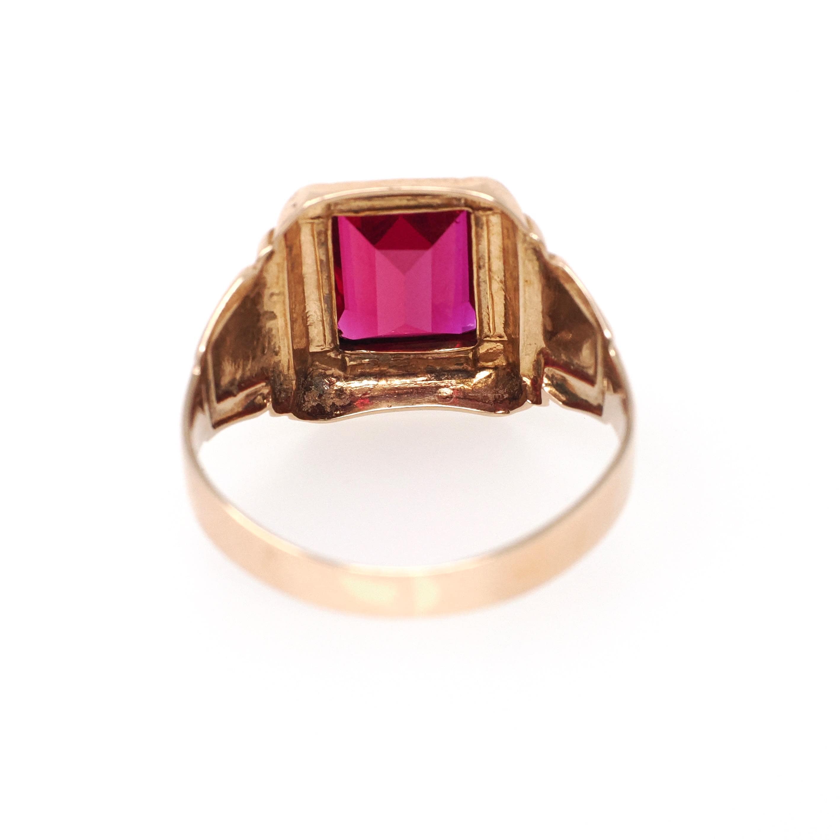 Created Ruby Ring - Retro Era 10k Yellow Gold Men's Unisex Pink Red Faceted Gemstone - Circa 1940s Size 11 1/2 Large Statement Fine Jewelry