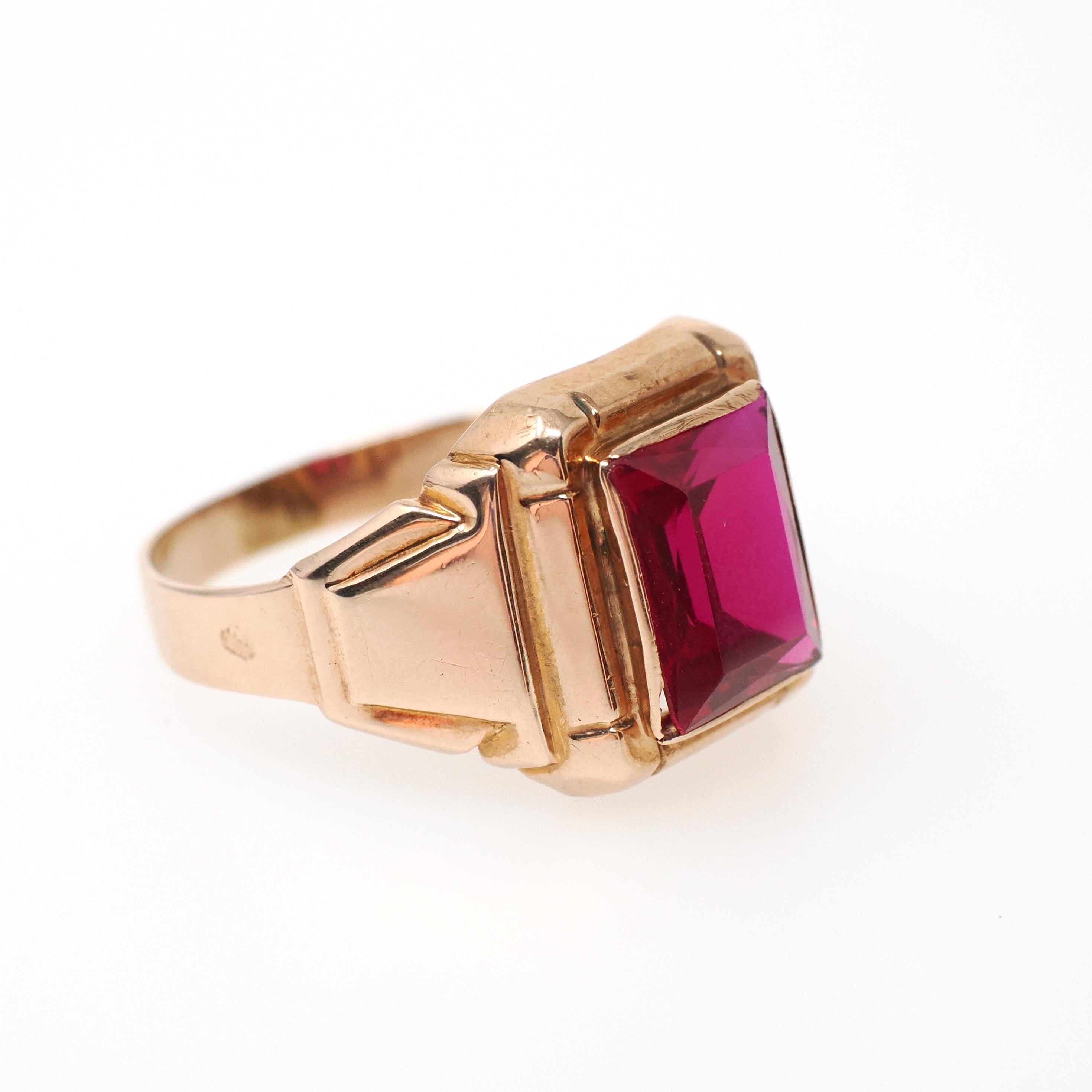 Created Ruby Ring - Retro Era 10k Yellow Gold Men's Unisex Pink Red Faceted Gemstone - Circa 1940s Size 11 1/2 Large Statement Fine Jewelry
