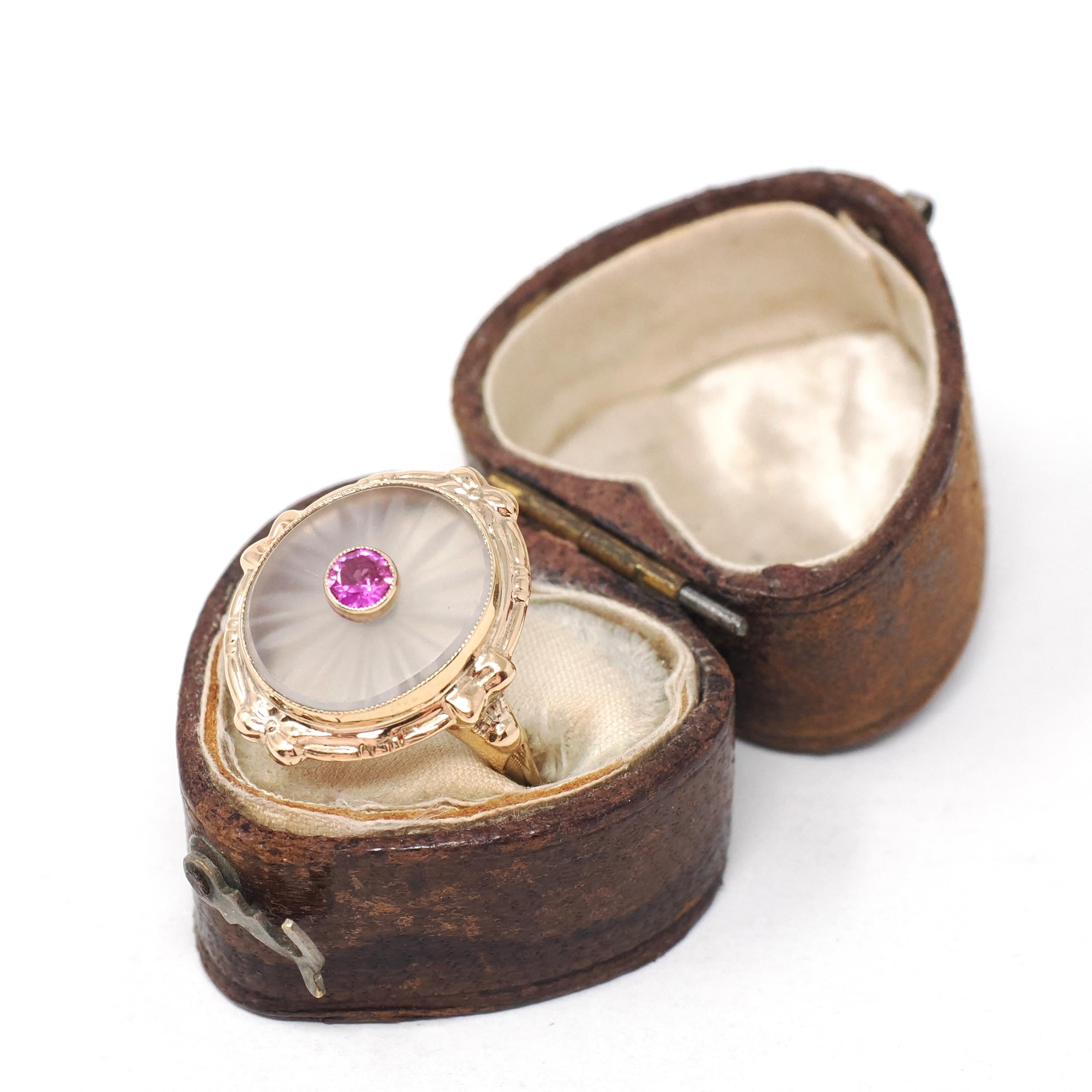 Rock Crystal Quartz Ring - Vintage 10k Yellow Gold Oval Camphor & Created Ruby Shield - Circa 1940s Size 6 1/4 July Birthstone Fine Jewelry