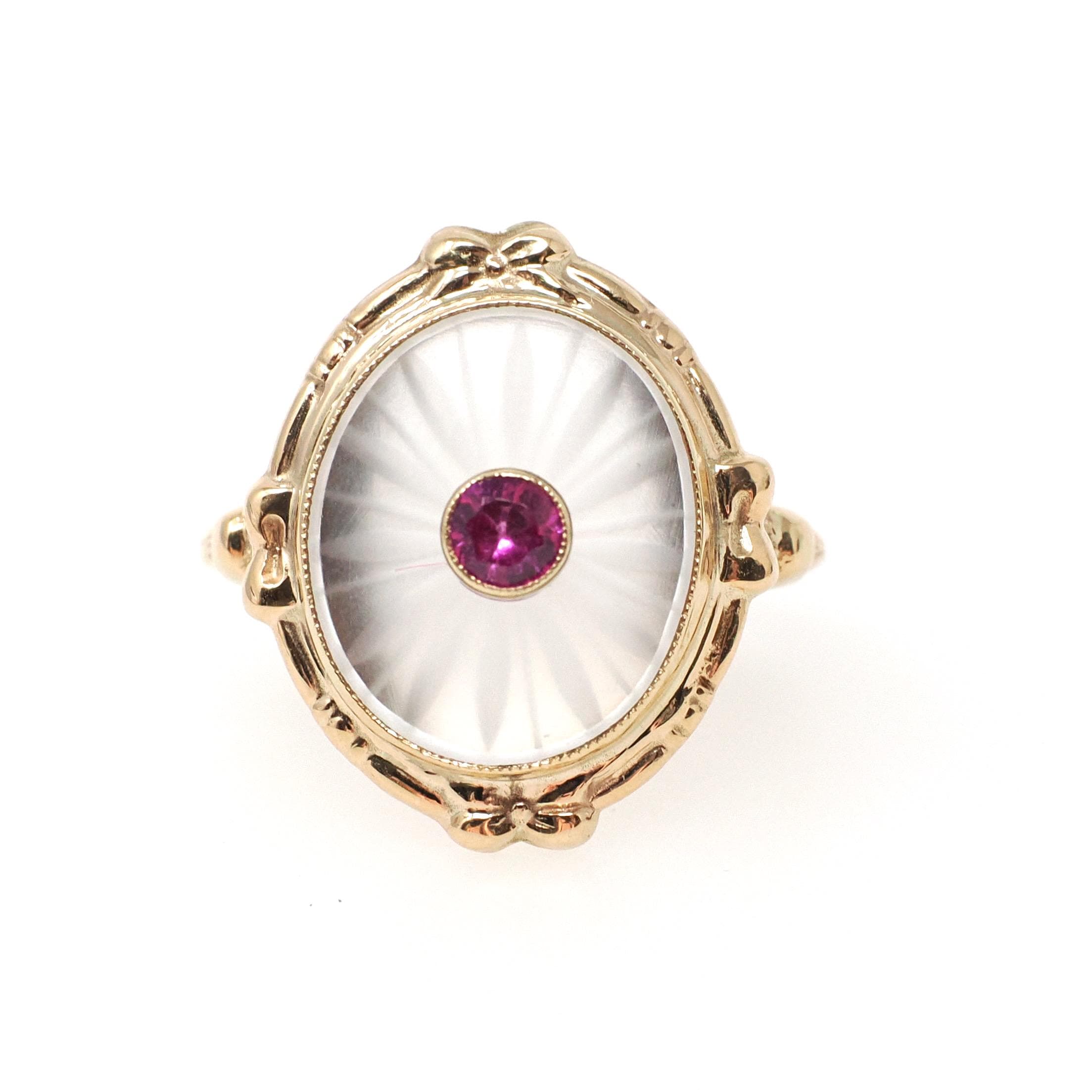 Rock Crystal Quartz Ring - Vintage 10k Yellow Gold Oval Camphor & Created Ruby Shield - Circa 1940s Size 6 1/4 July Birthstone Fine Jewelry