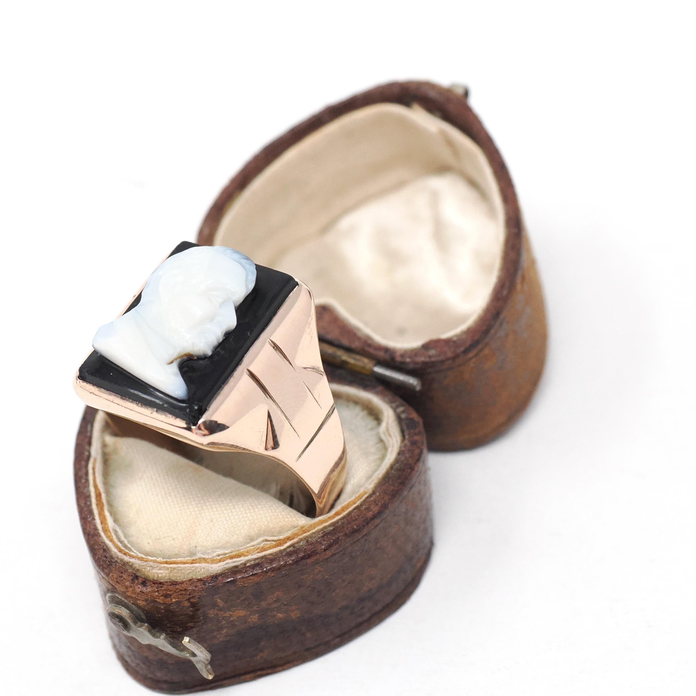 Vintage Cameo Ring - Retro 10k Rose Gold Carved Black & White Onyx Gem - Circa 1940s Era Size 11 Man's Profile Unisex Fine Statement Jewelry