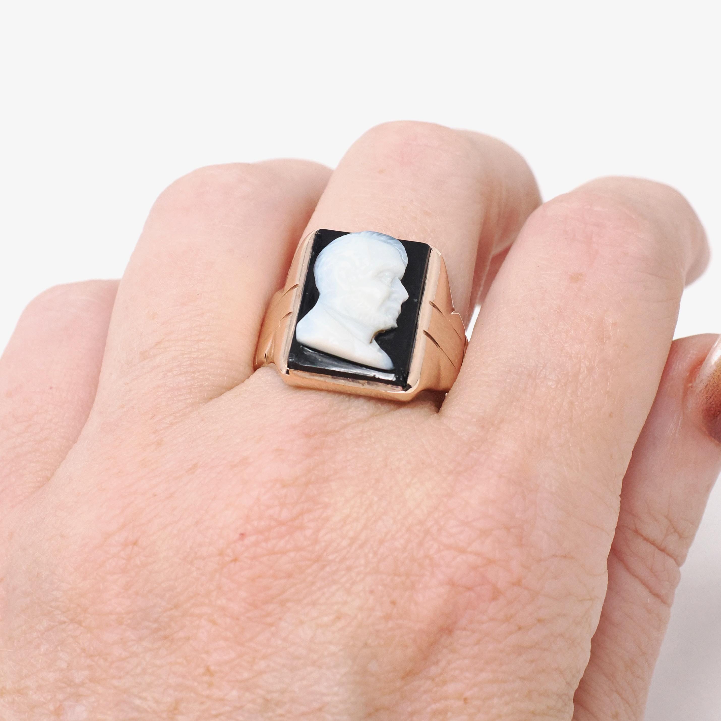 Vintage Cameo Ring - Retro 10k Rose Gold Carved Black & White Onyx Gem - Circa 1940s Era Size 11 Man's Profile Unisex Fine Statement Jewelry