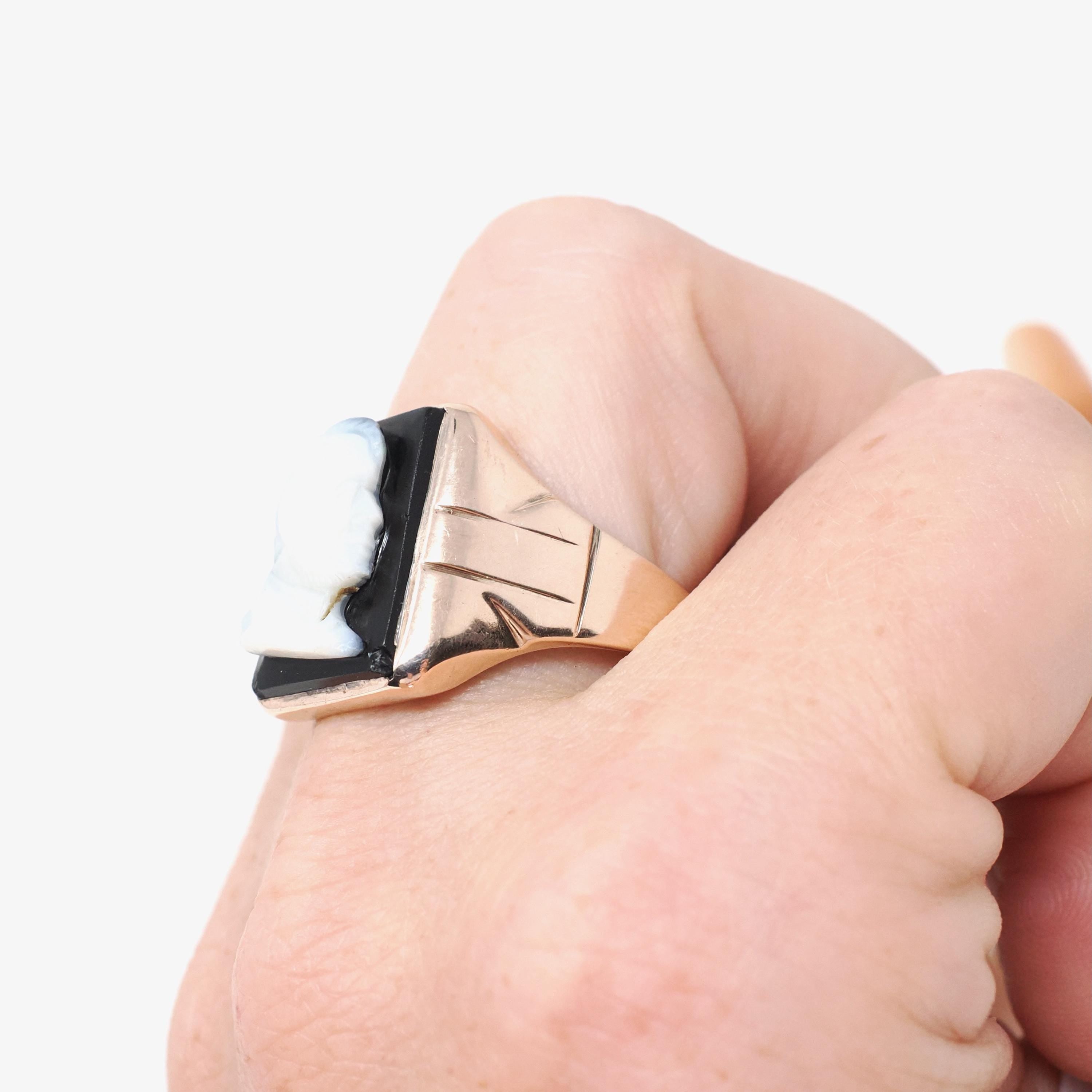 Vintage Cameo Ring - Retro 10k Rose Gold Carved Black & White Onyx Gem - Circa 1940s Era Size 11 Man's Profile Unisex Fine Statement Jewelry