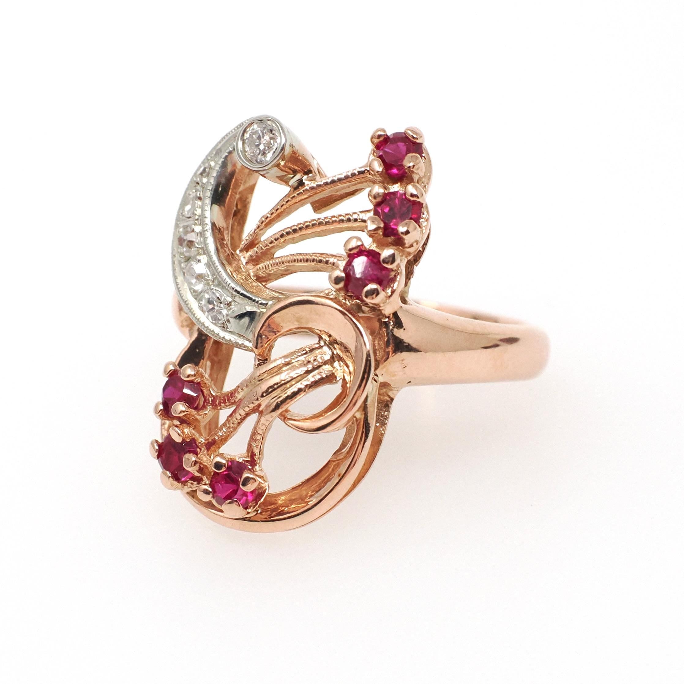 Mid Century Cocktail Ring - Vintage 14k Rose Gold Natural .14 CTW Diamonds Created Ruby Gems - Circa 1940s Era Size 6.25 Swirl Fine Jewelry