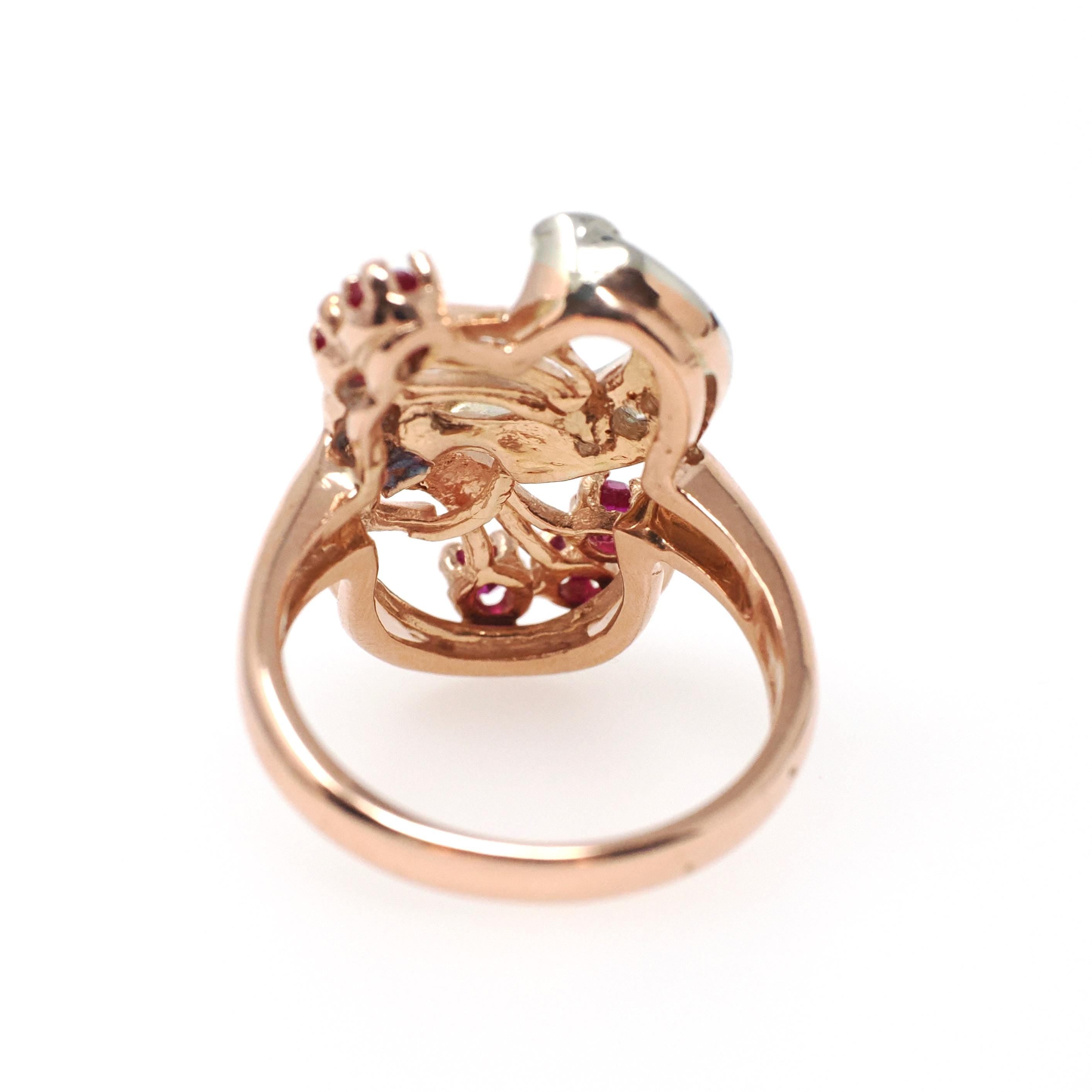 Mid Century Cocktail Ring - Vintage 14k Rose Gold Natural .14 CTW Diamonds Created Ruby Gems - Circa 1940s Era Size 6.25 Swirl Fine Jewelry