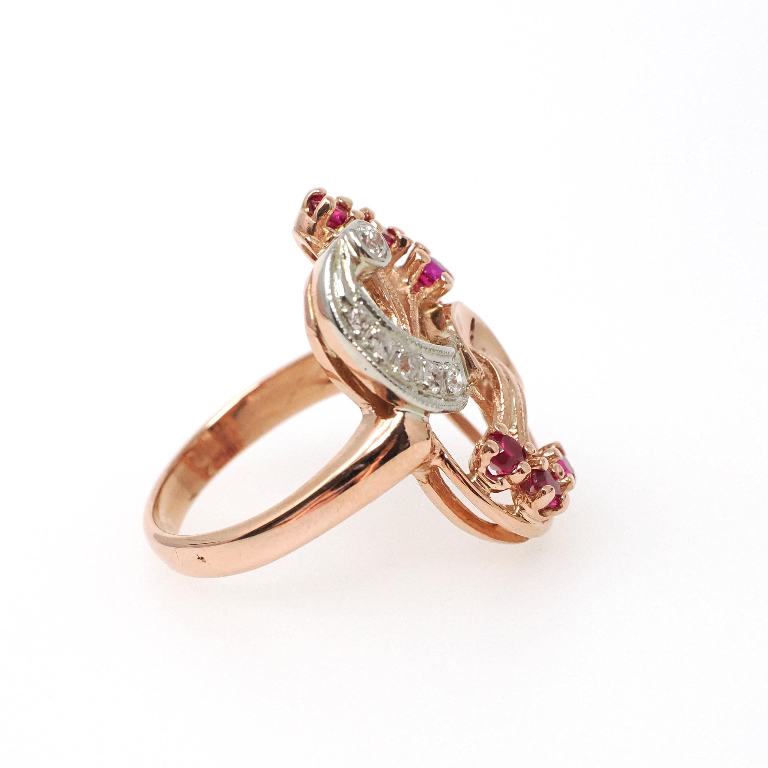 Mid Century Cocktail Ring - Vintage 14k Rose Gold Natural .14 CTW Diamonds Created Ruby Gems - Circa 1940s Era Size 6.25 Swirl Fine Jewelry