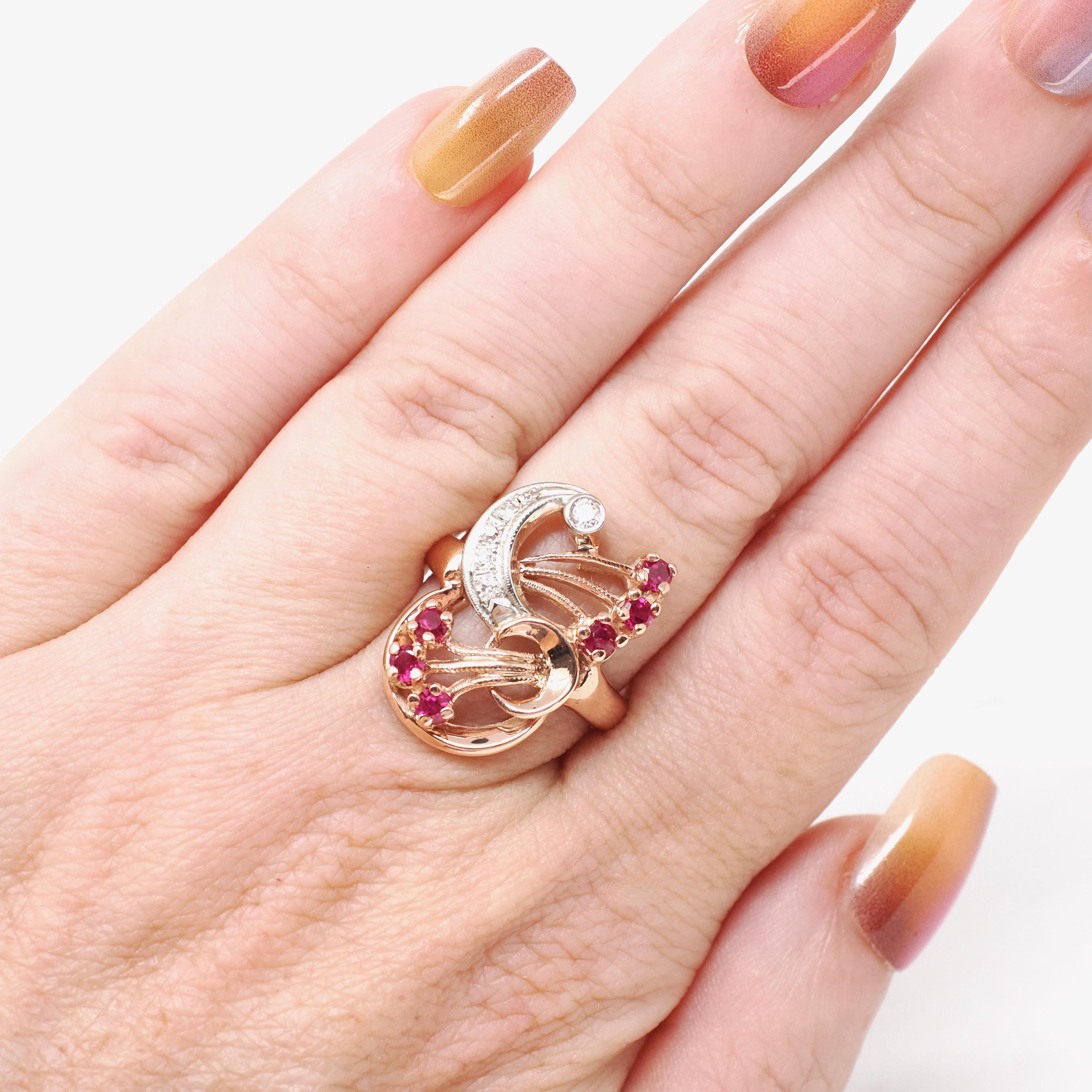 Mid Century Cocktail Ring - Vintage 14k Rose Gold Natural .14 CTW Diamonds Created Ruby Gems - Circa 1940s Era Size 6.25 Swirl Fine Jewelry