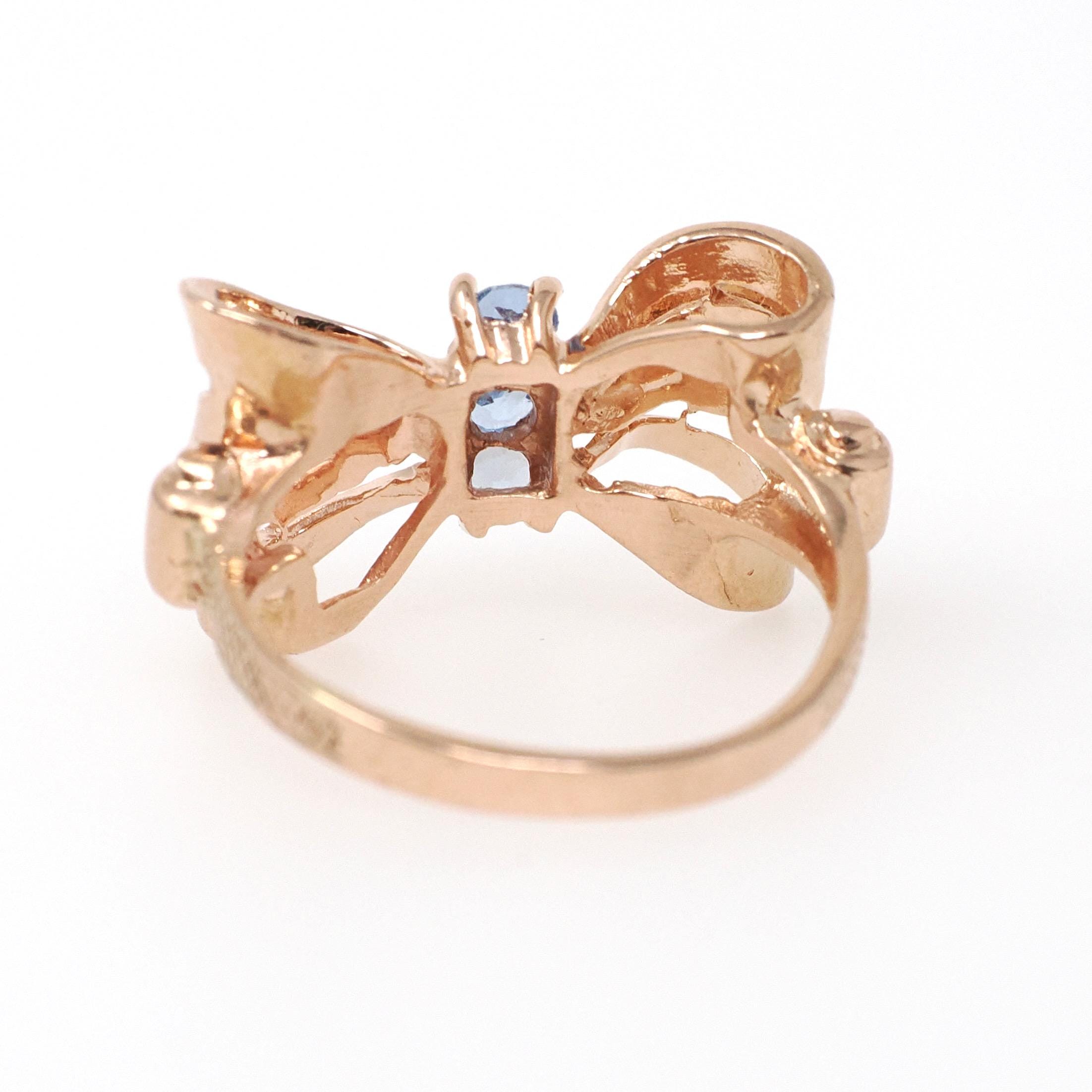 Vintage Bow Ring - Mid Century 10k Rose Gold Created Blue Spinel Gemstone Trio - Circa 1940s Era Size 5 1/2 Fine Dainty Ribbon 40s Jewelry