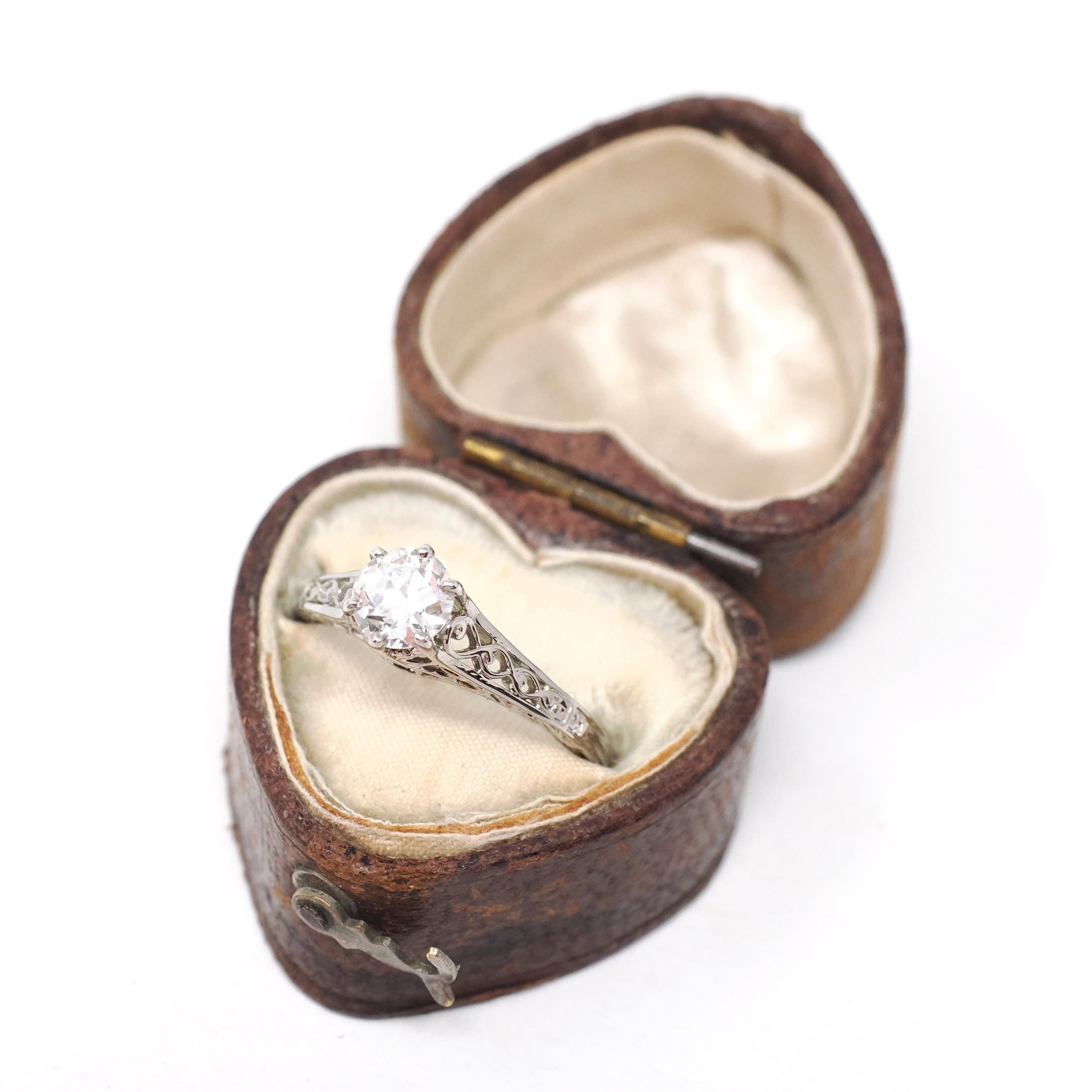 Vintage Diamond Ring - Art Deco 18k White Gold Natural .59 CT Gem Solitaire Engagement - Circa 1930s Era Size 6 1/4 Filigree Fine Jewelry