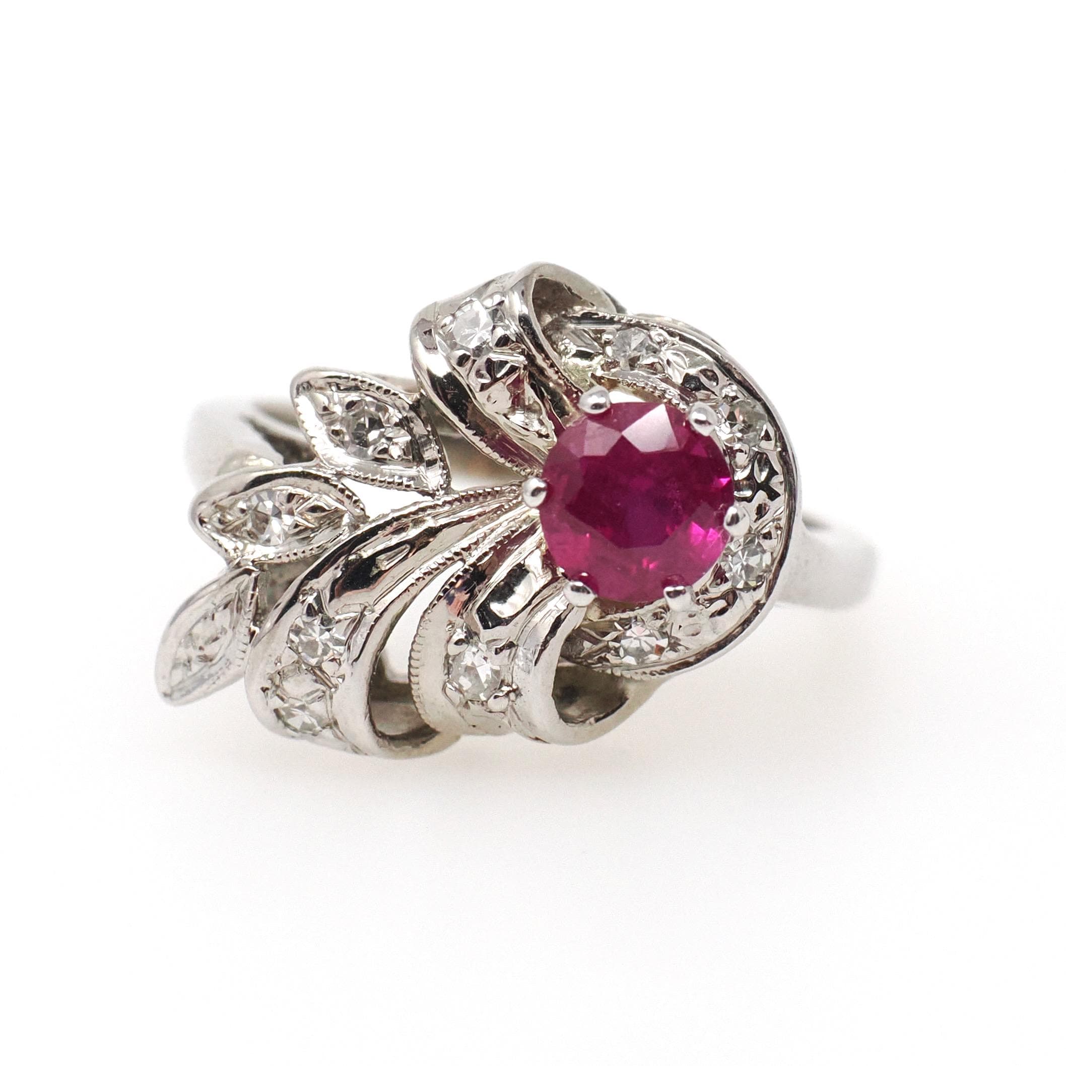 Mid Century Ruby Ring - Vintage 14k White Gold Nature Inspired Diamond Cluster - Circa 1950s Era Size 6 1/4 July Birthstone Fine Jewelry