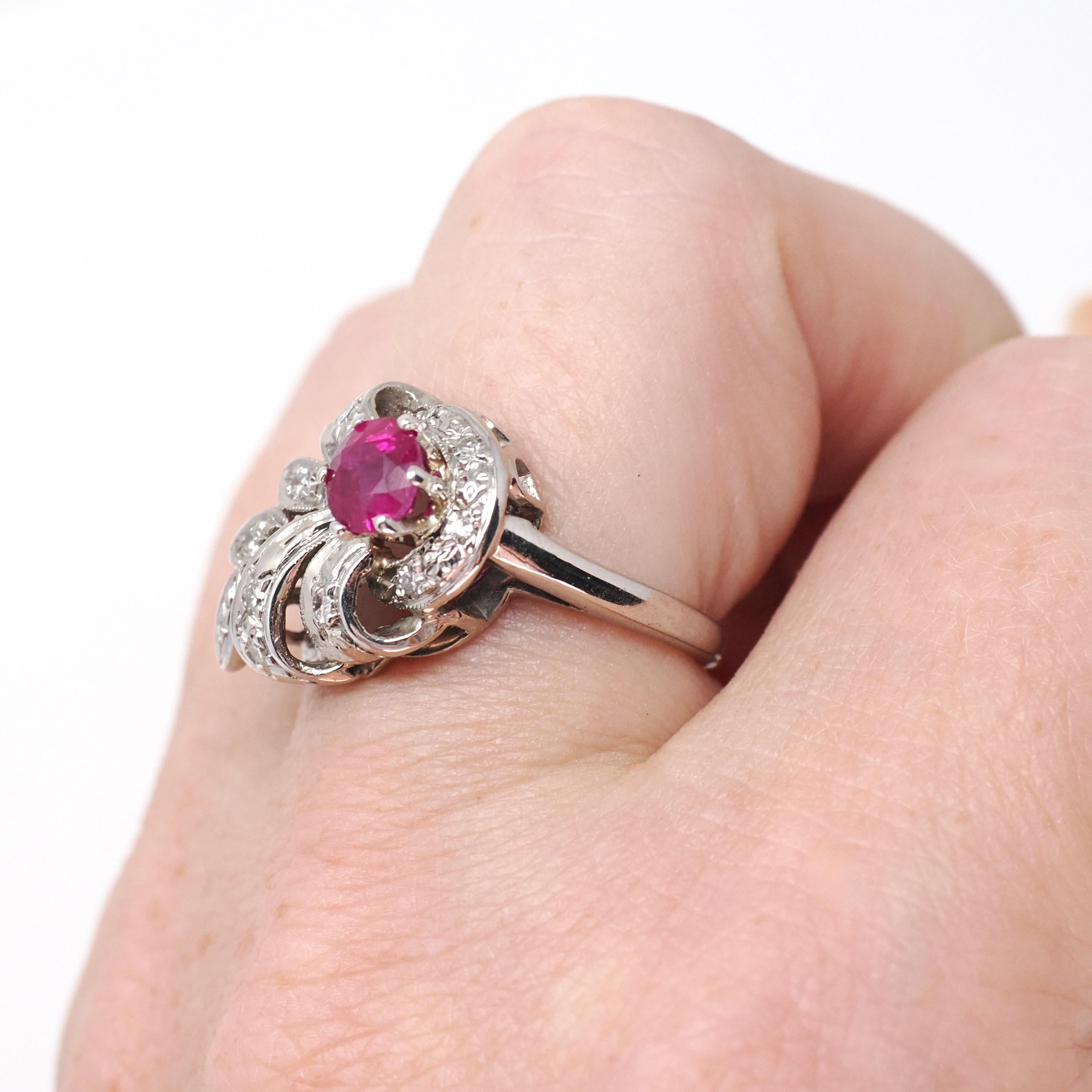 Mid Century Ruby Ring - Vintage 14k White Gold Nature Inspired Diamond Cluster - Circa 1950s Era Size 6 1/4 July Birthstone Fine Jewelry