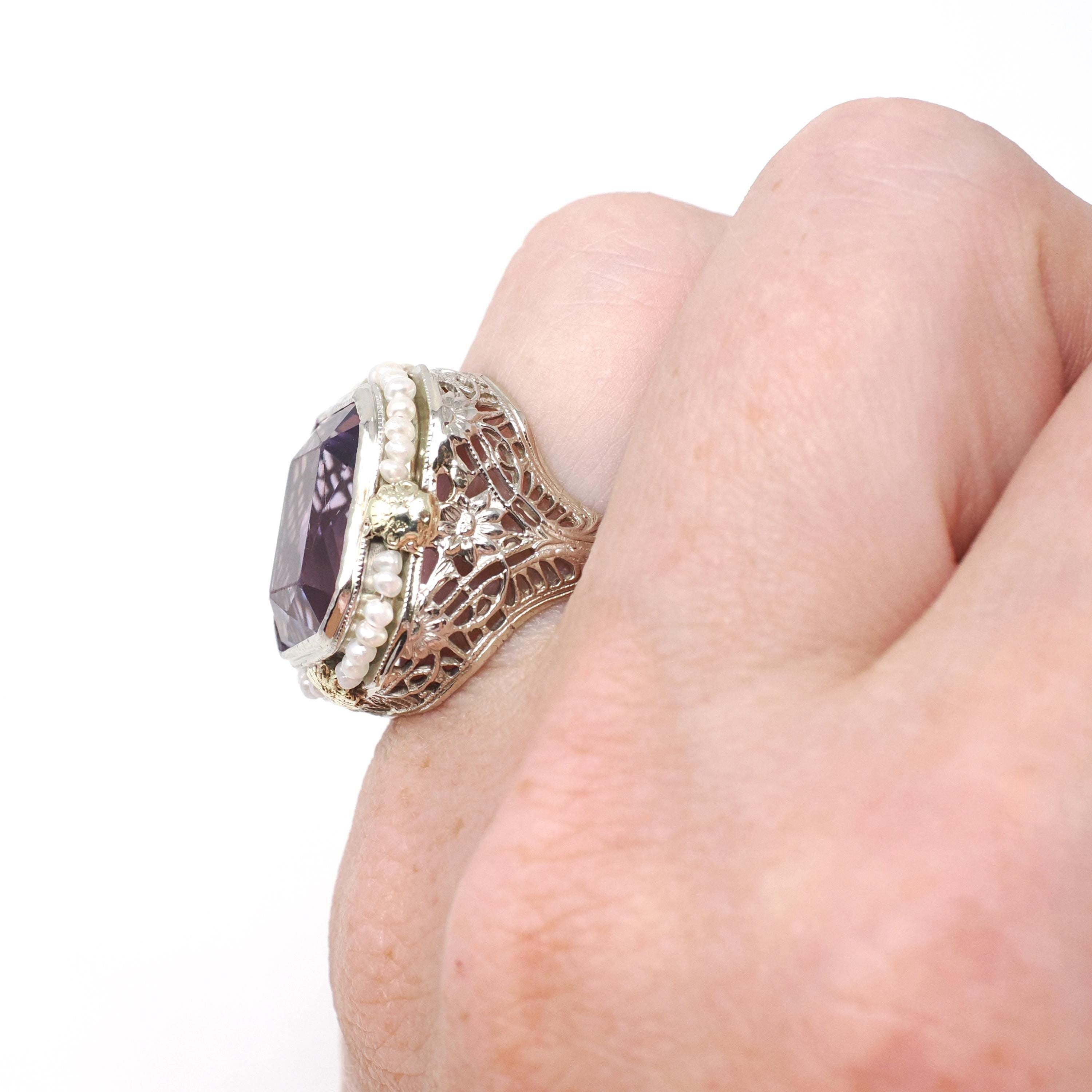 Vintage Amethyst Ring - Art Deco 14k White Gold Filigree Purple Gemstone Seed Pearl Halo - Circa 1930s Size 4 1/2 Fine Statement Jewelry