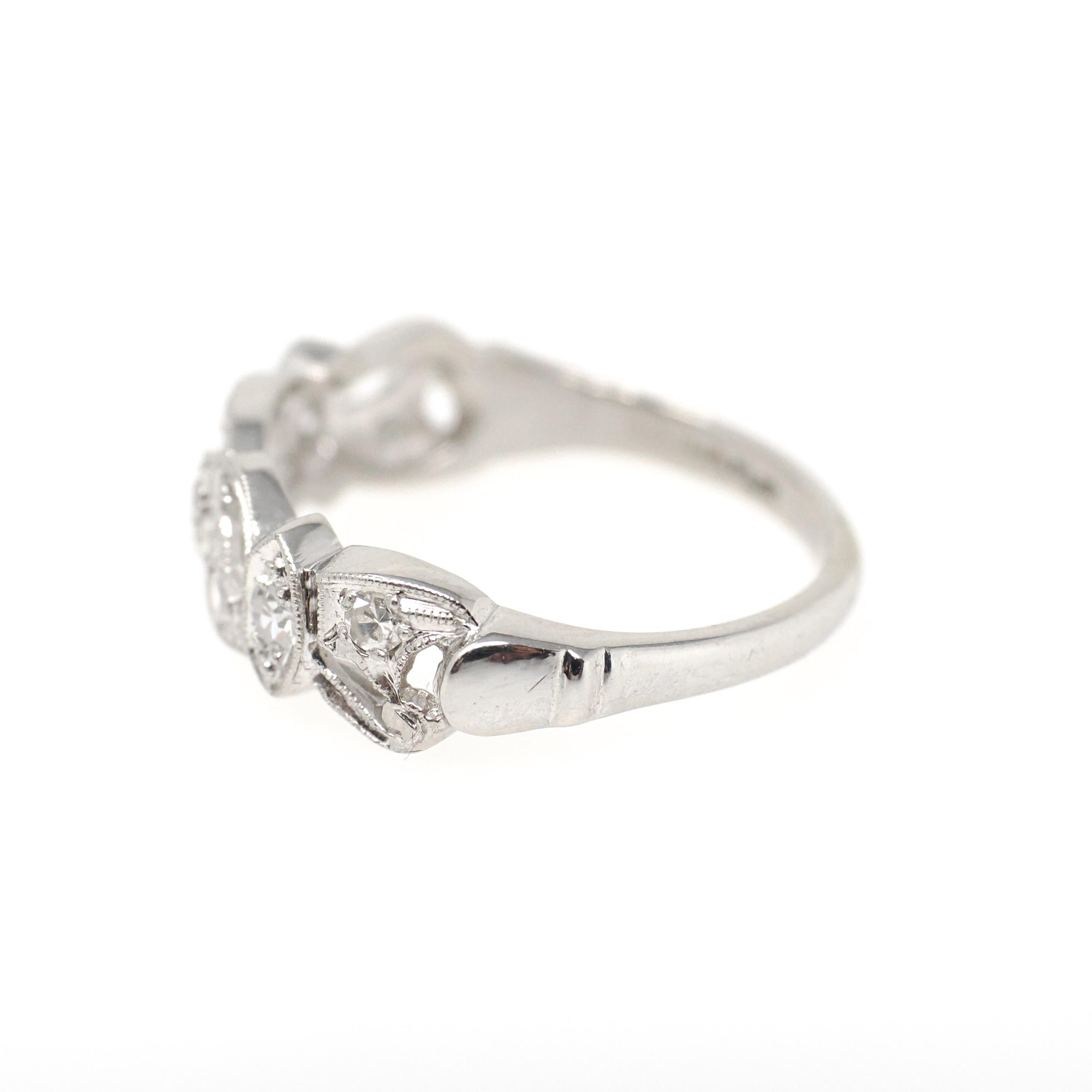 Diamond Wedding Band - Vintage Platinum .25 CTW Open Metal Filigree Design Ring - Mid Century Circa 1950s Era Size 7 1/2 Fine Bridal Jewelry