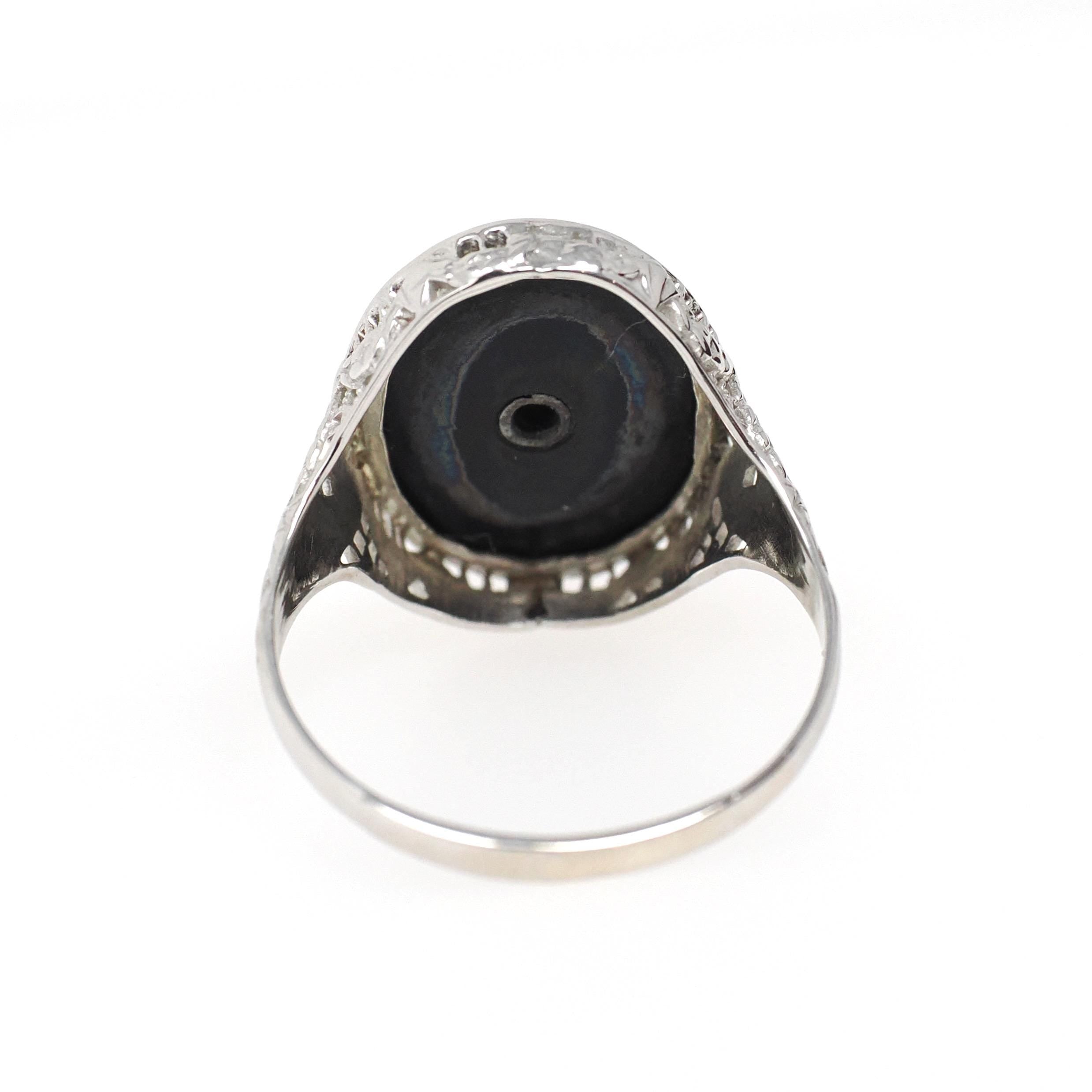 Onyx Filigree Ring - Art Deco Era 14k White Gold Natural Diamond & Black Chalcedony Statement - Vintage Circa 1930s Size 7 1/4 Fine Jewelry