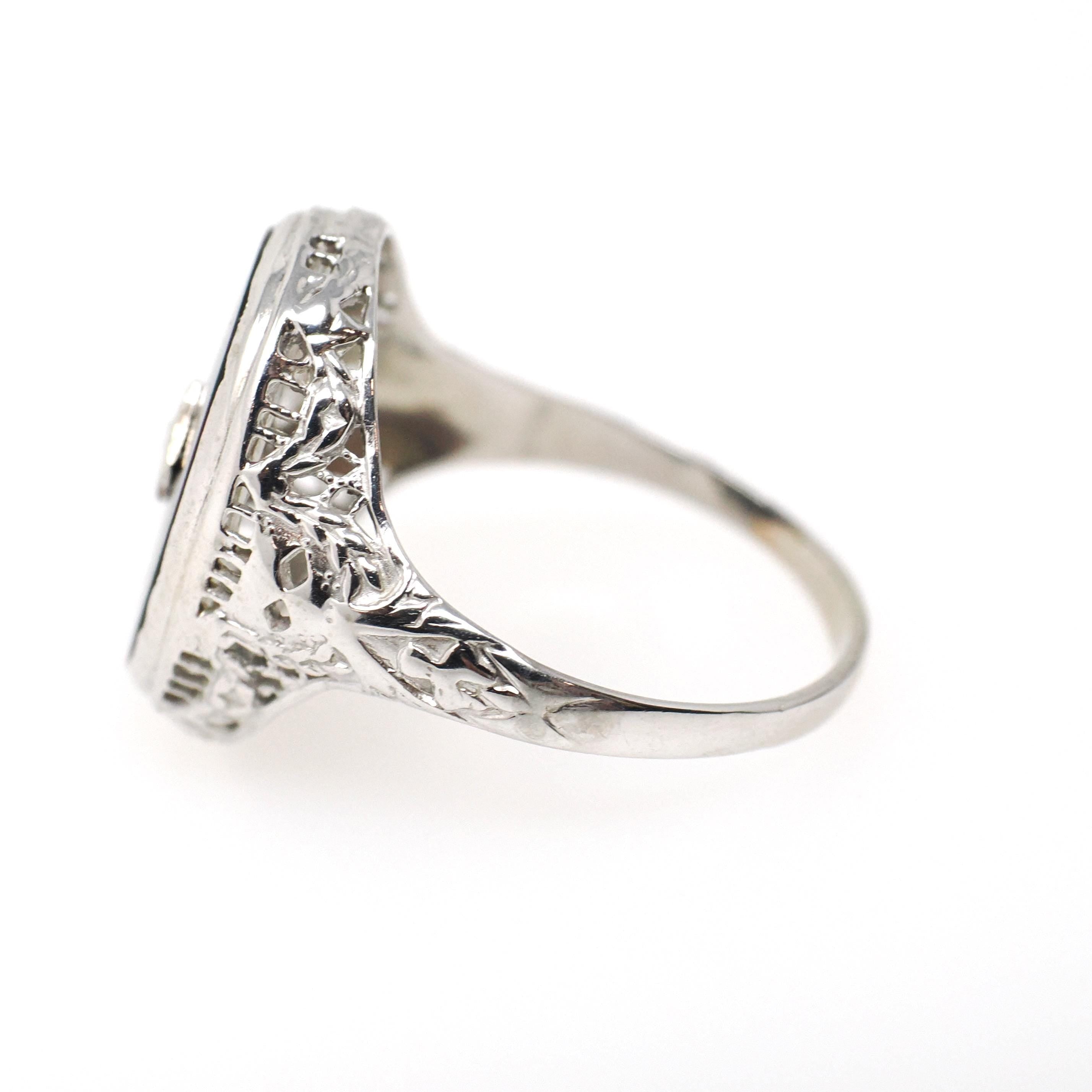 Onyx Filigree Ring - Art Deco Era 14k White Gold Natural Diamond & Black Chalcedony Statement - Vintage Circa 1930s Size 7 1/4 Fine Jewelry