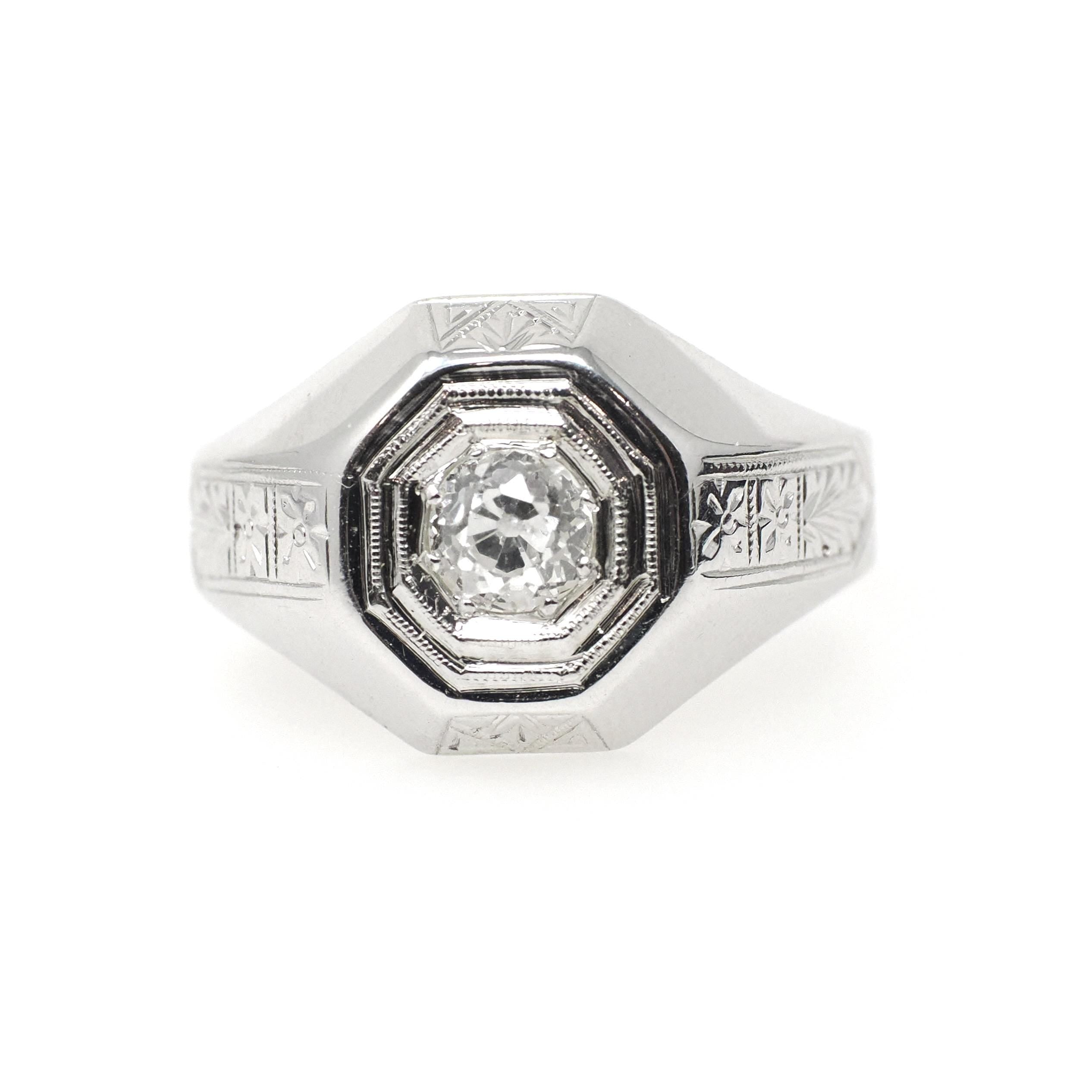Art Deco Diamond Ring - Vintage 18k White Gold Natural .52 CT Old European Cut Unisex Engagement - Circa 1930s Octagonal Fine Bridal Jewelry