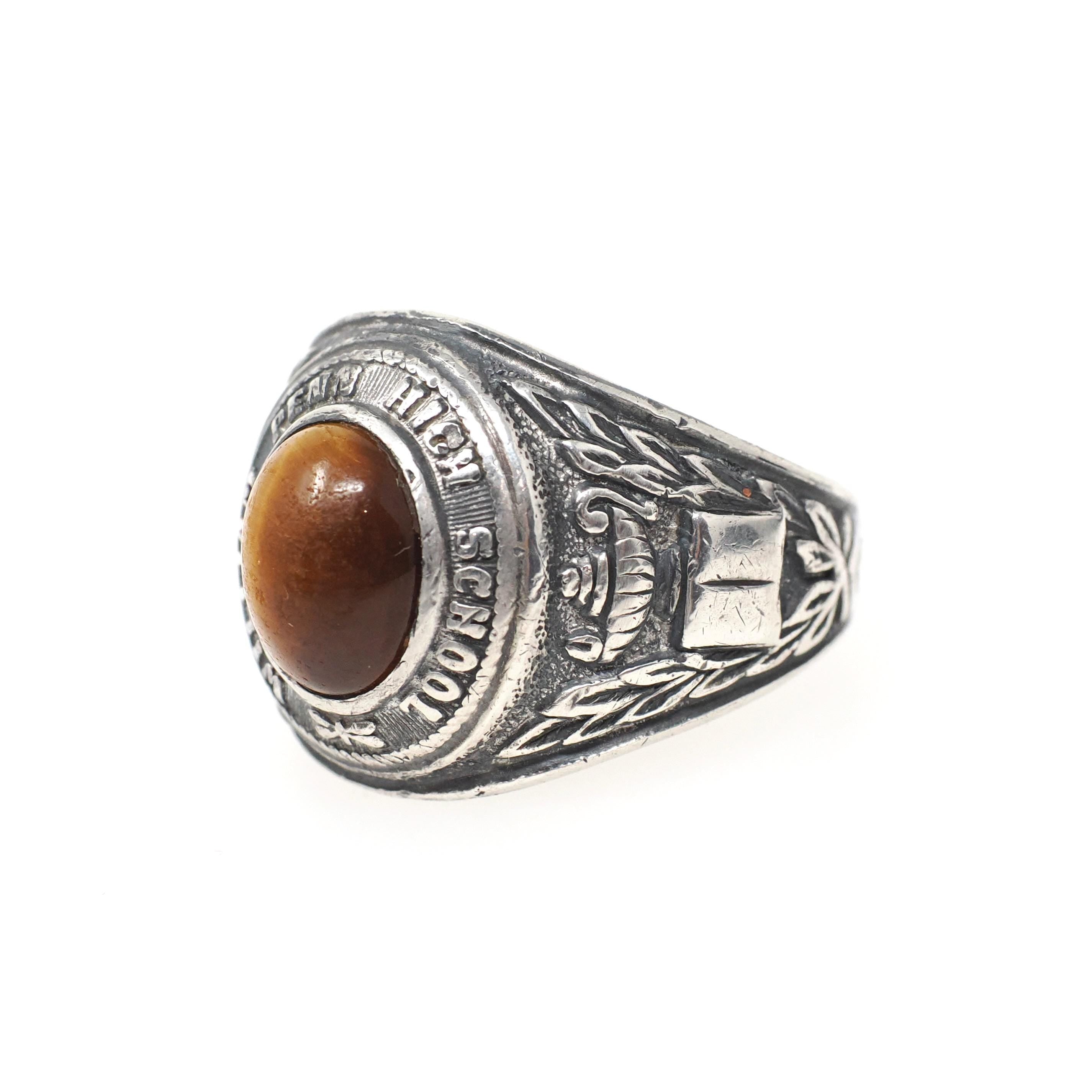 William Penn High School Ring - Art Deco Era Sterling Silver Cabochon Tiger's Eye Gemstone - Vintage Dated 1936 Size 10 1/4 PA Class Jewelry
