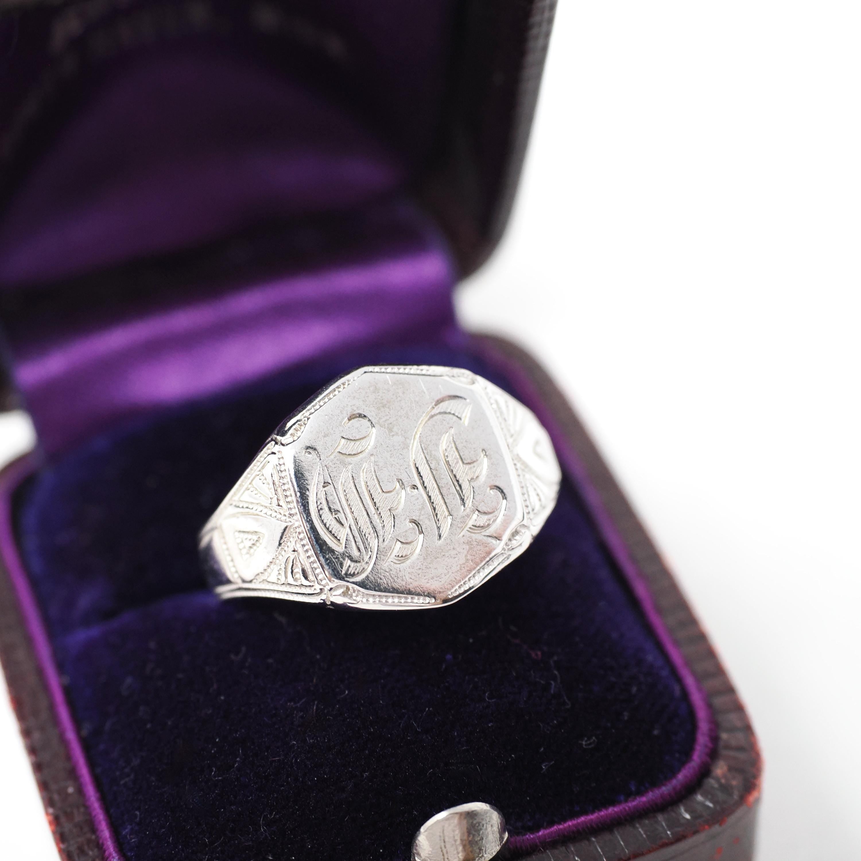 Vintage "JH" Signet Ring - Art Deco 10k White Gold Hexagonal Men's Unisex Statement - Circa 1930s Era Size 7 1/2 Ostby & Barton Fine Jewelry