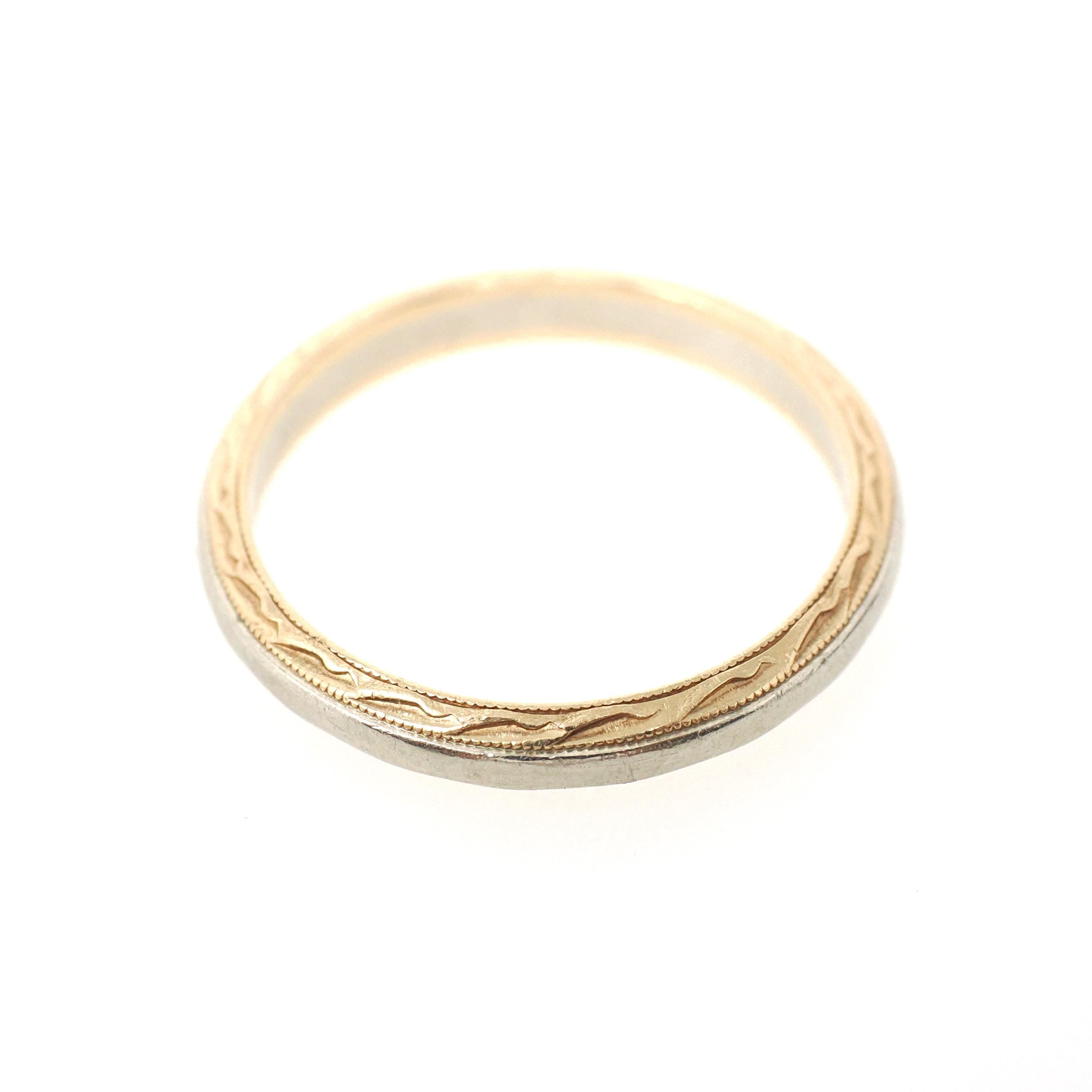Vintage Wedding Band - Mid Century 14k Yellow & White Gold Two Tone Ring - Circa 1950s Size 7.5 Scallop Design Fine Engraved Bridal Jewelry
