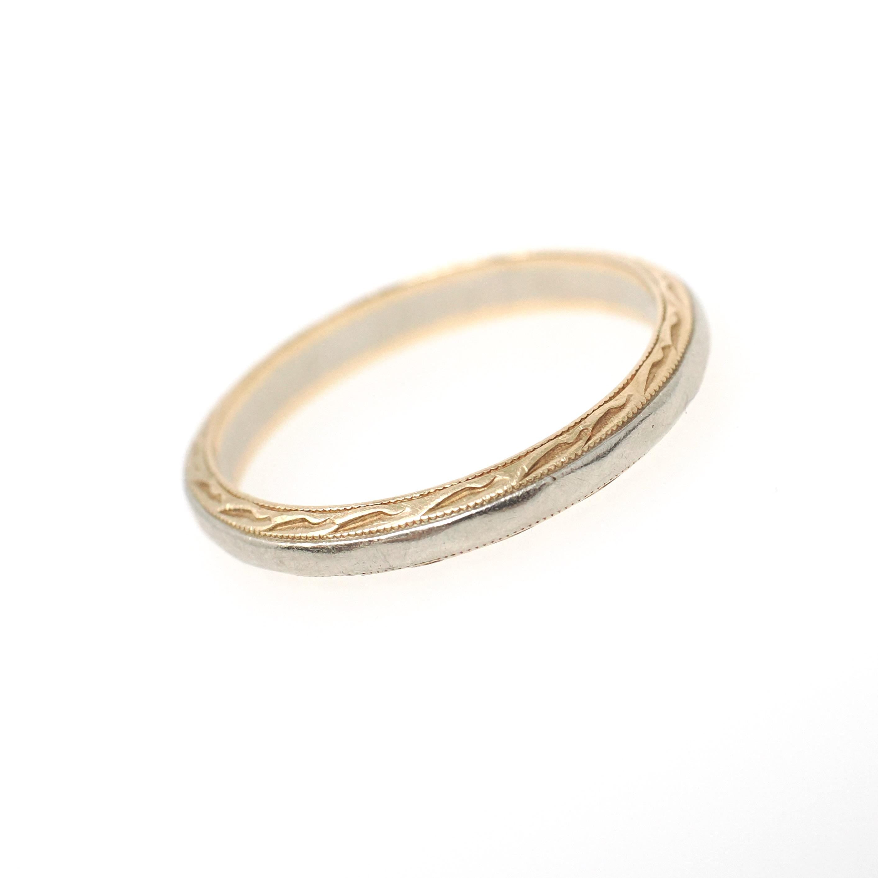 Vintage Wedding Band - Mid Century 14k Yellow & White Gold Two Tone Ring - Circa 1950s Size 7.5 Scallop Design Fine Engraved Bridal Jewelry