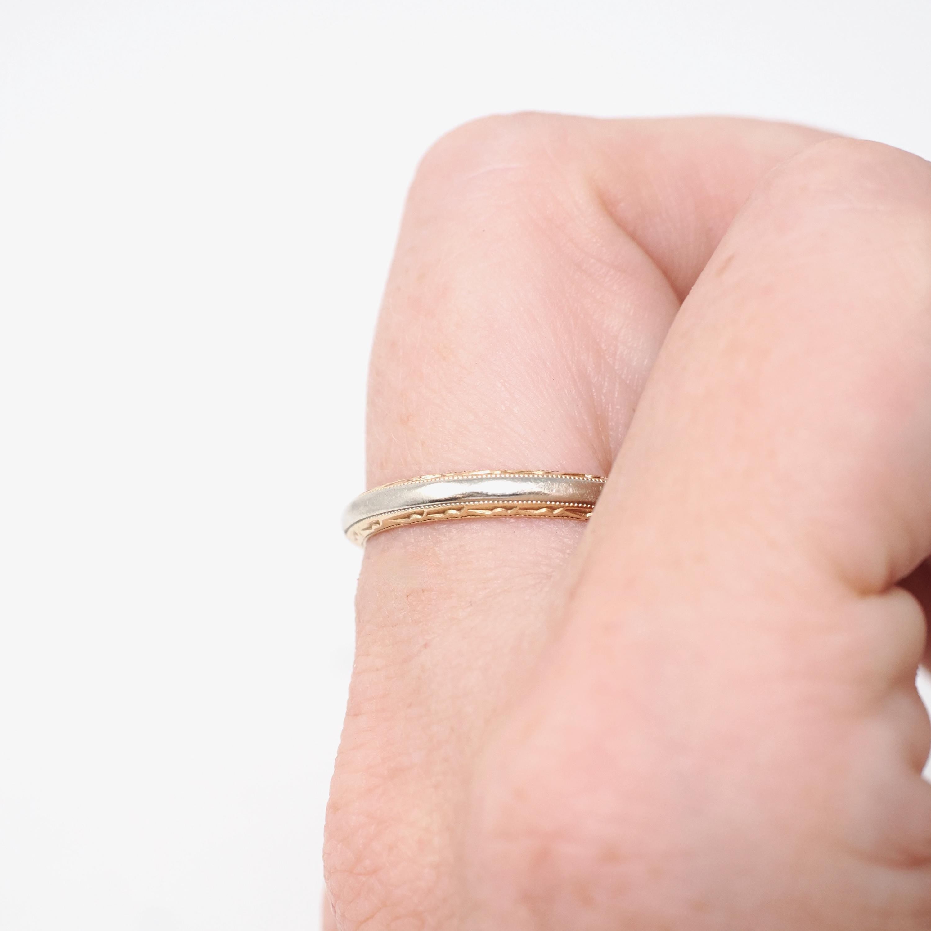 Vintage Wedding Band - Mid Century 14k Yellow & White Gold Two Tone Ring - Circa 1950s Size 7.5 Scallop Design Fine Engraved Bridal Jewelry