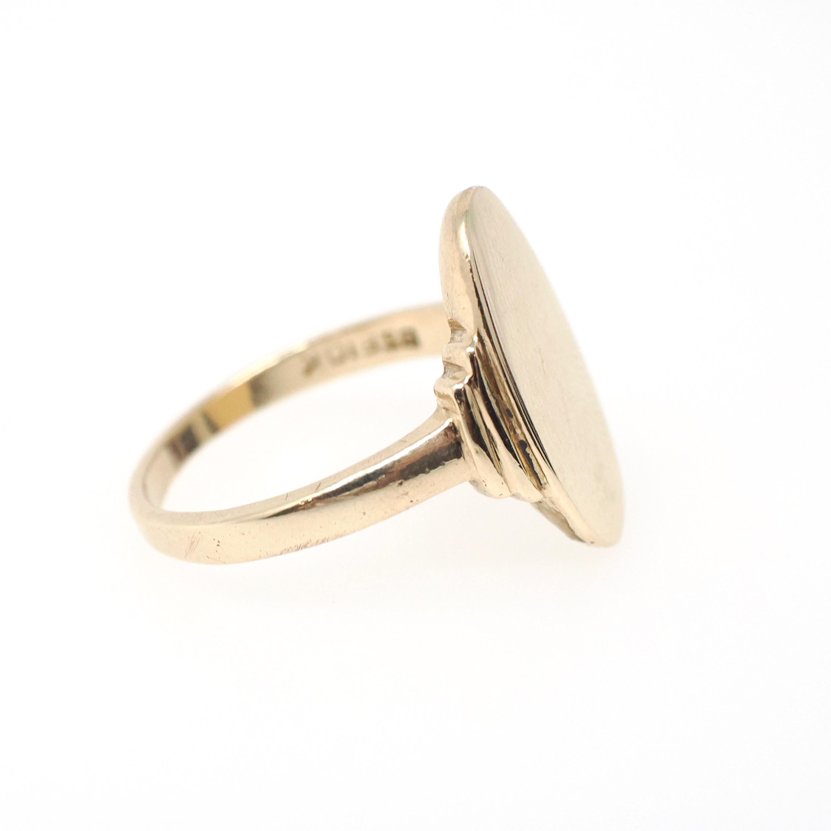 Vintage Signet Ring - Mid Century 10k Yellow Gold Elongated Oval Statement Shield - Circa 1950s Era Size 6 1/4 Engrave Fine B&F Jewelry