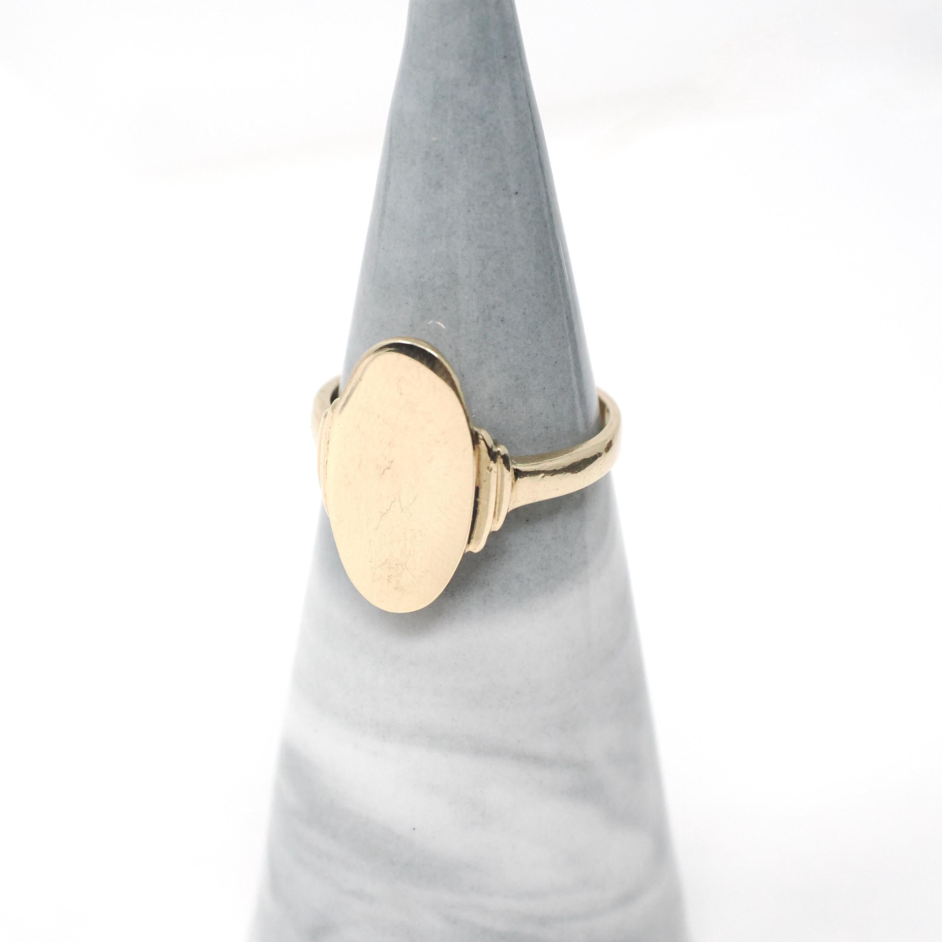 Vintage Signet Ring - Mid Century 10k Yellow Gold Elongated Oval Statement Shield - Circa 1950s Era Size 6 1/4 Engrave Fine B&F Jewelry