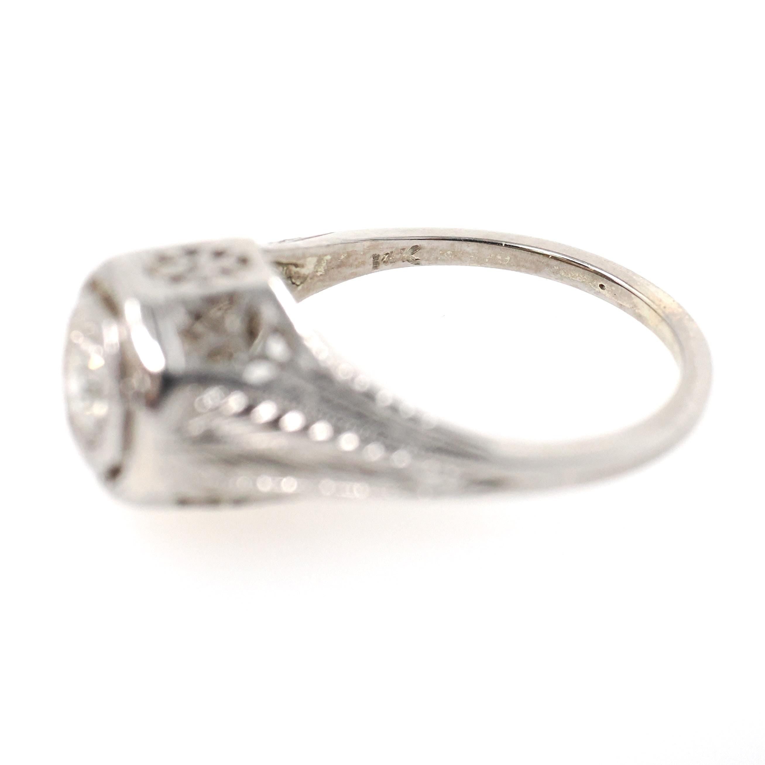 Art Deco Diamond Ring - Vintage 14k White Gold Natural .17 CT Octagon Engagement Solitaire - Circa 1930s Size 6 Floral Filigree Fine Jewelry