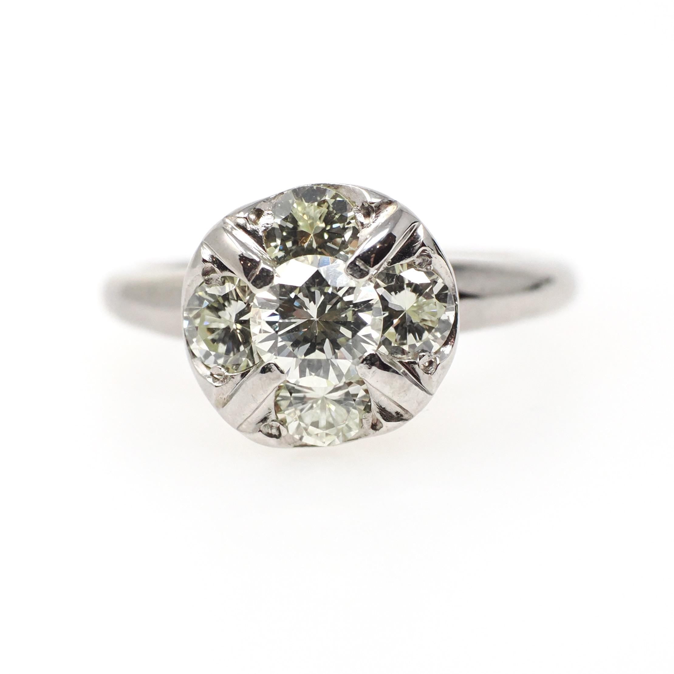 Vintage Diamond Ring - Mid Century 10k White Gold Natural 1.03 CTW Cluster Halo - Circa 1950s Era Size 5 1/2 Engagement Fine Bridal Jewelry