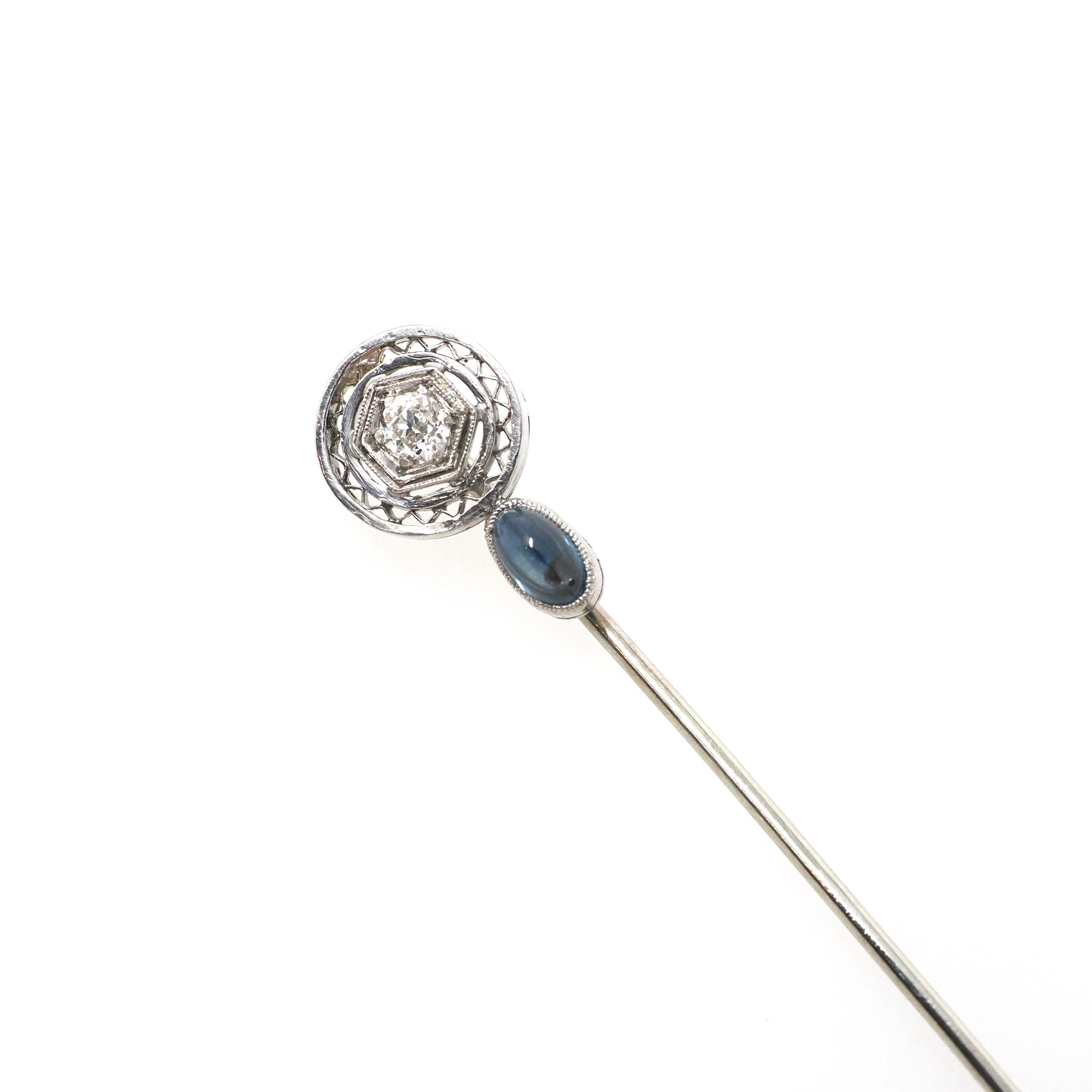Art Deco Stick Pin - Antique Platinum & 10k White Gold Natural Diamond Blue Sapphire Gemstone - Circa 1920s Filigree Tie Fine Unisex Jewelry