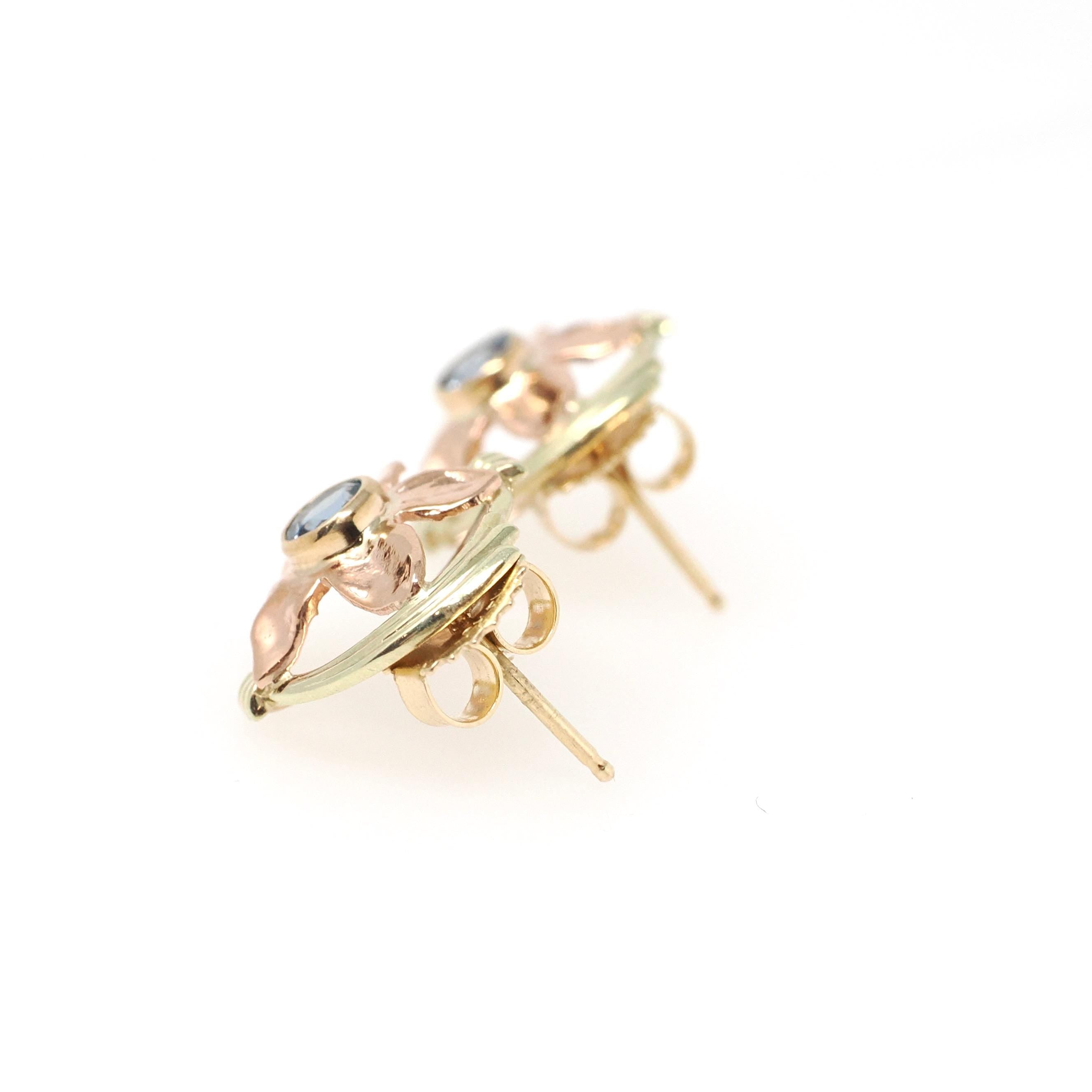 Vintage Aquamarine Earrings - Mid Century 14k Yellow & Rose Gold Flower Studs - Circa 1940s Pierced Push Back Floral Two Tone Fine Jewelry