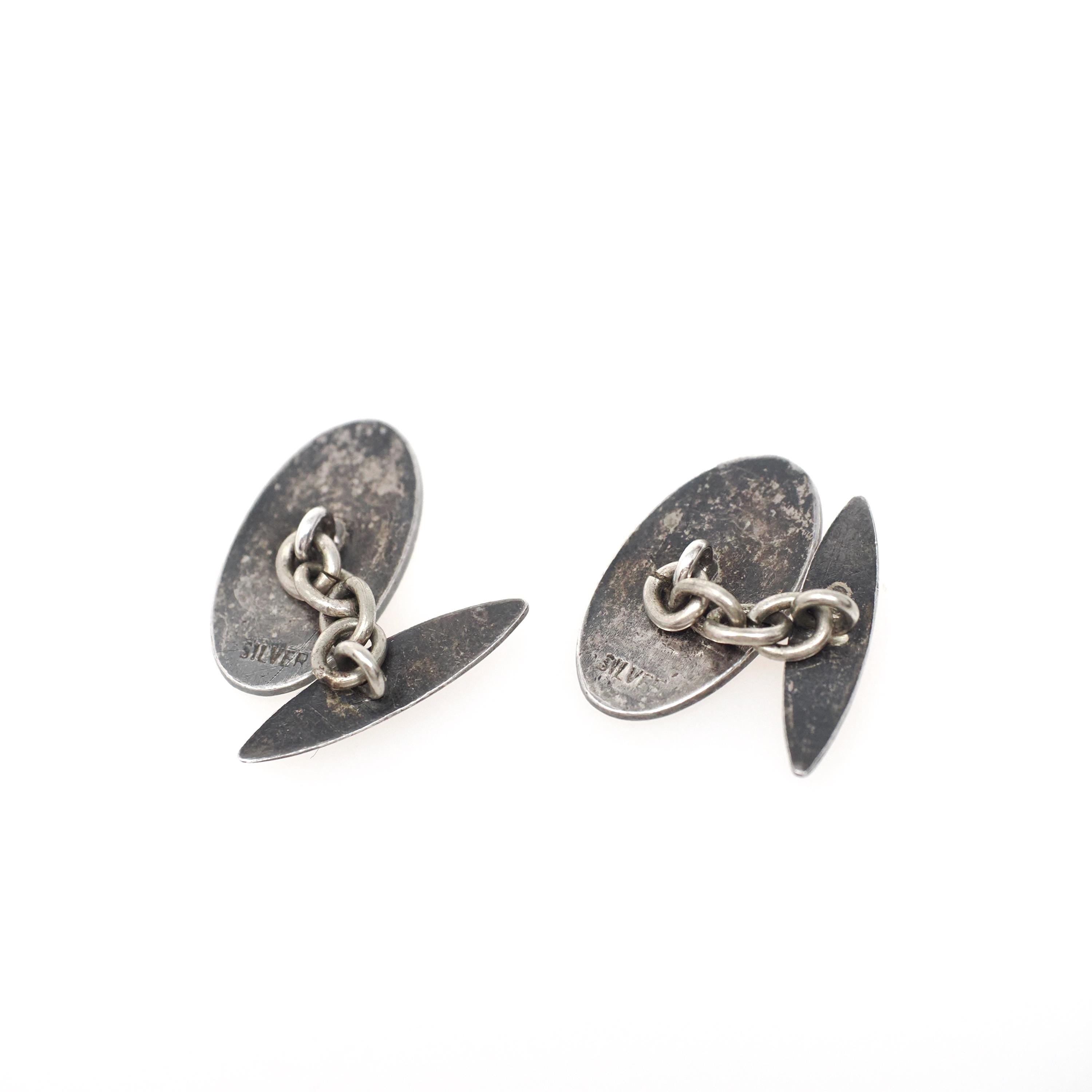 Art Deco Cufflinks - Vintage Silver White Red Green Flower Enamel Plate Design - Circa 1930s Men's Unisex Accessory Fine Floral 30s Jewelry