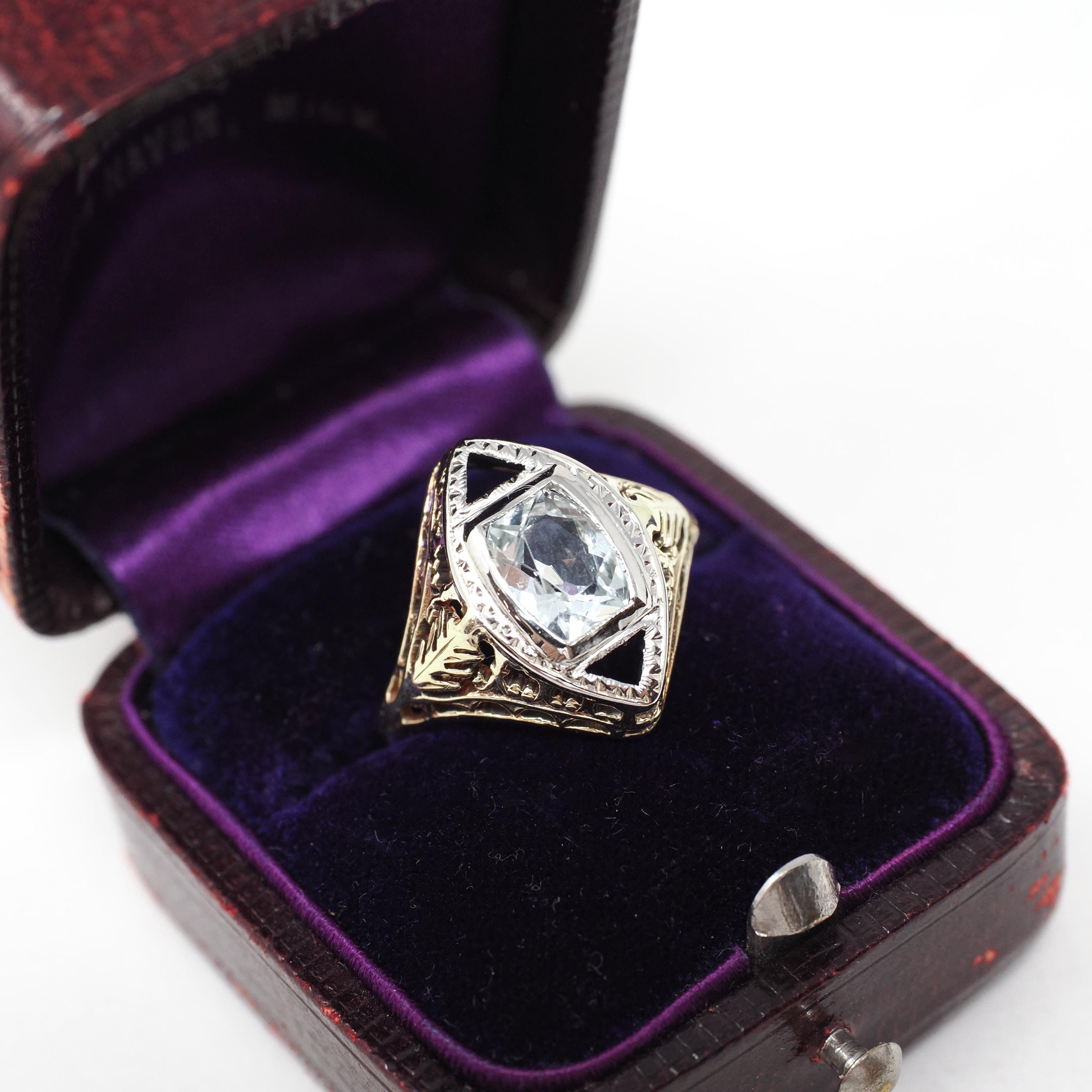 Vintage Aquamarine Ring - Art Deco Era 14k Yellow & White Gold Natural Light Blue Gemstone - Circa 1930s Size 6 Filigree Fine 30s Jewelry