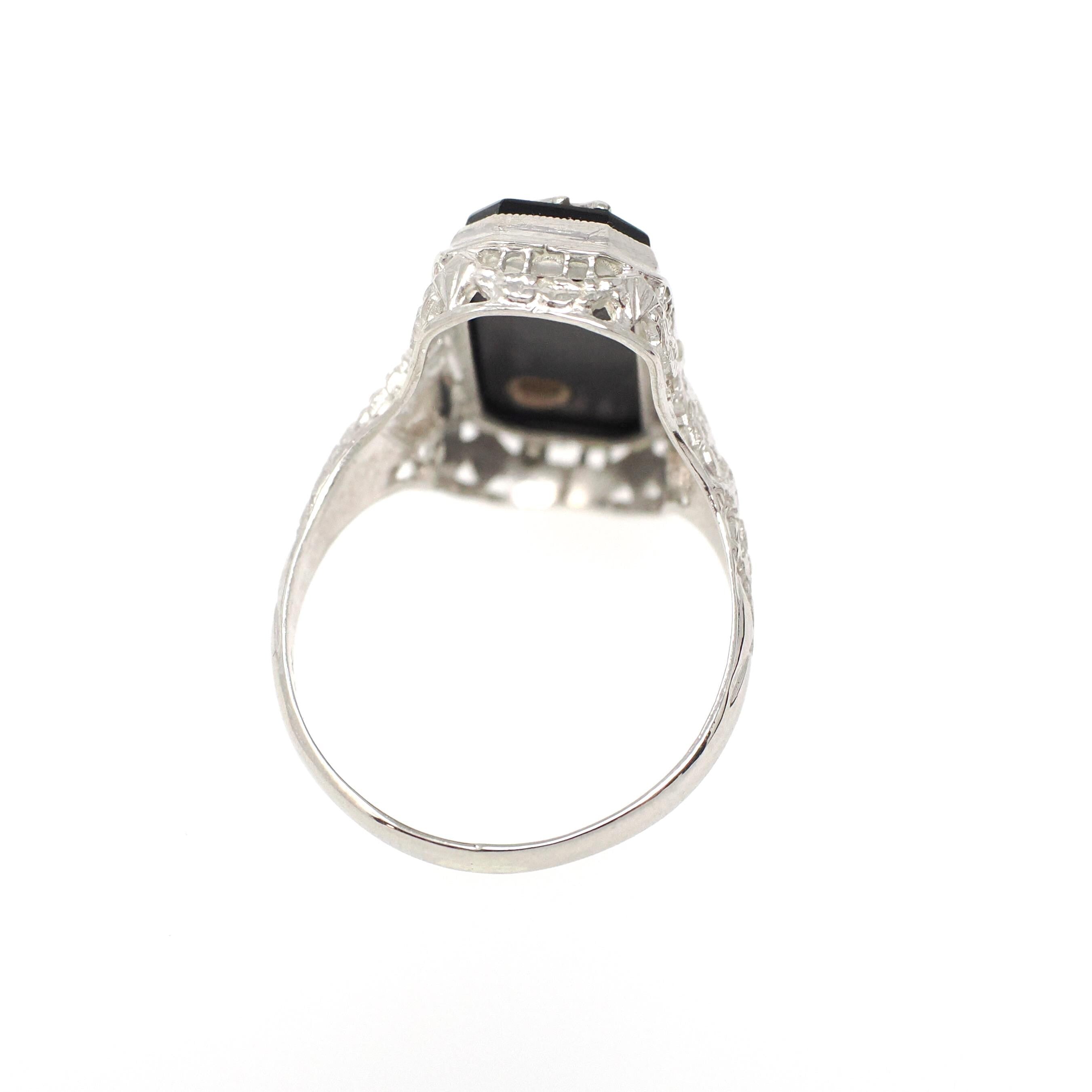 Vintage Onyx Ring - Art Deco 10k White Gold Black Chalcedony Gem & Diamond Accent 1933 Class Ring - Circa 1930s Size 5 3/4 Fine Jewelry