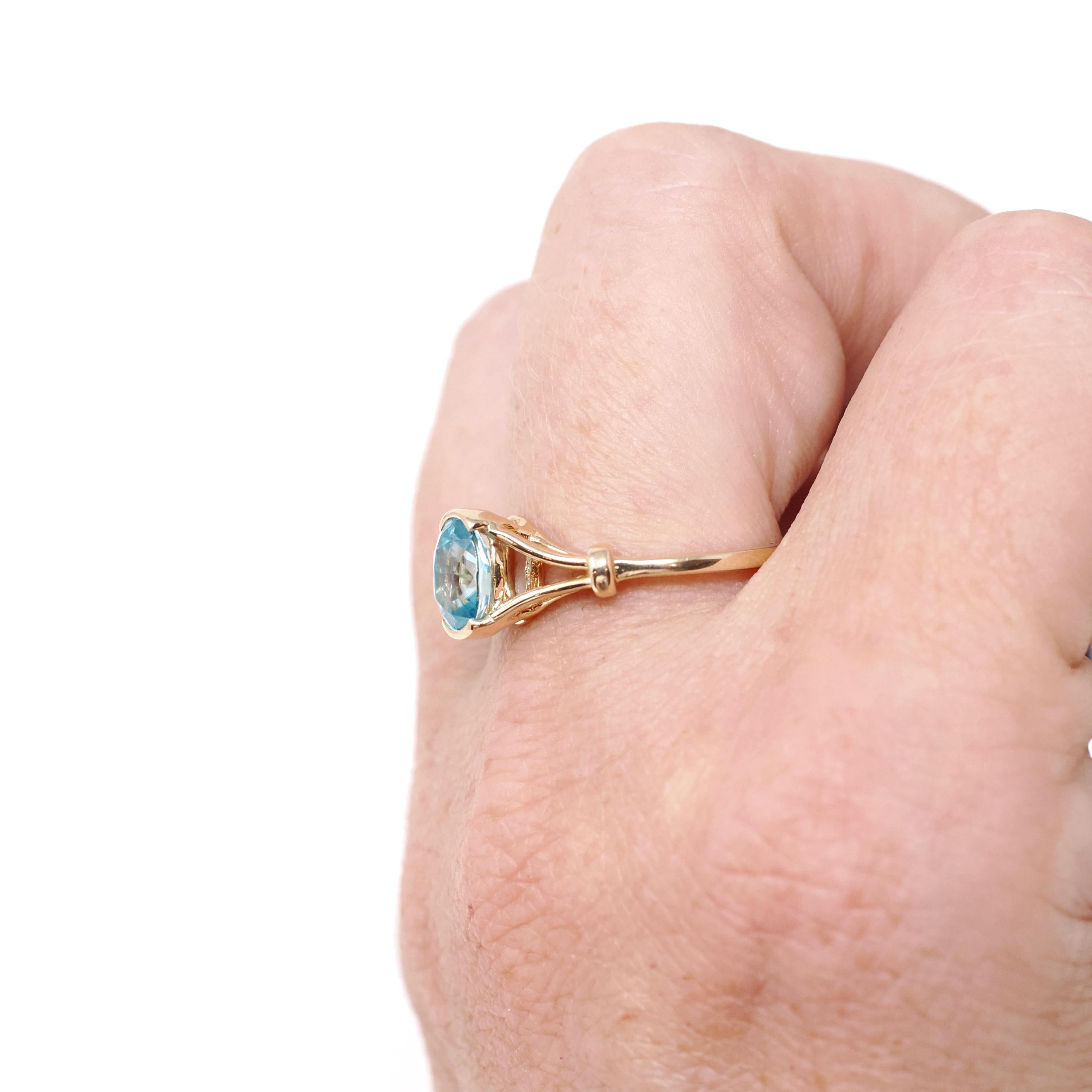 Blue Zircon Ring - Modern 14k Yellow Gold Oval 1.25 CT Gemstone Solitaire - Estate Circa 2000s Size 7 1/2 December Birthstone Fine Jewelry
