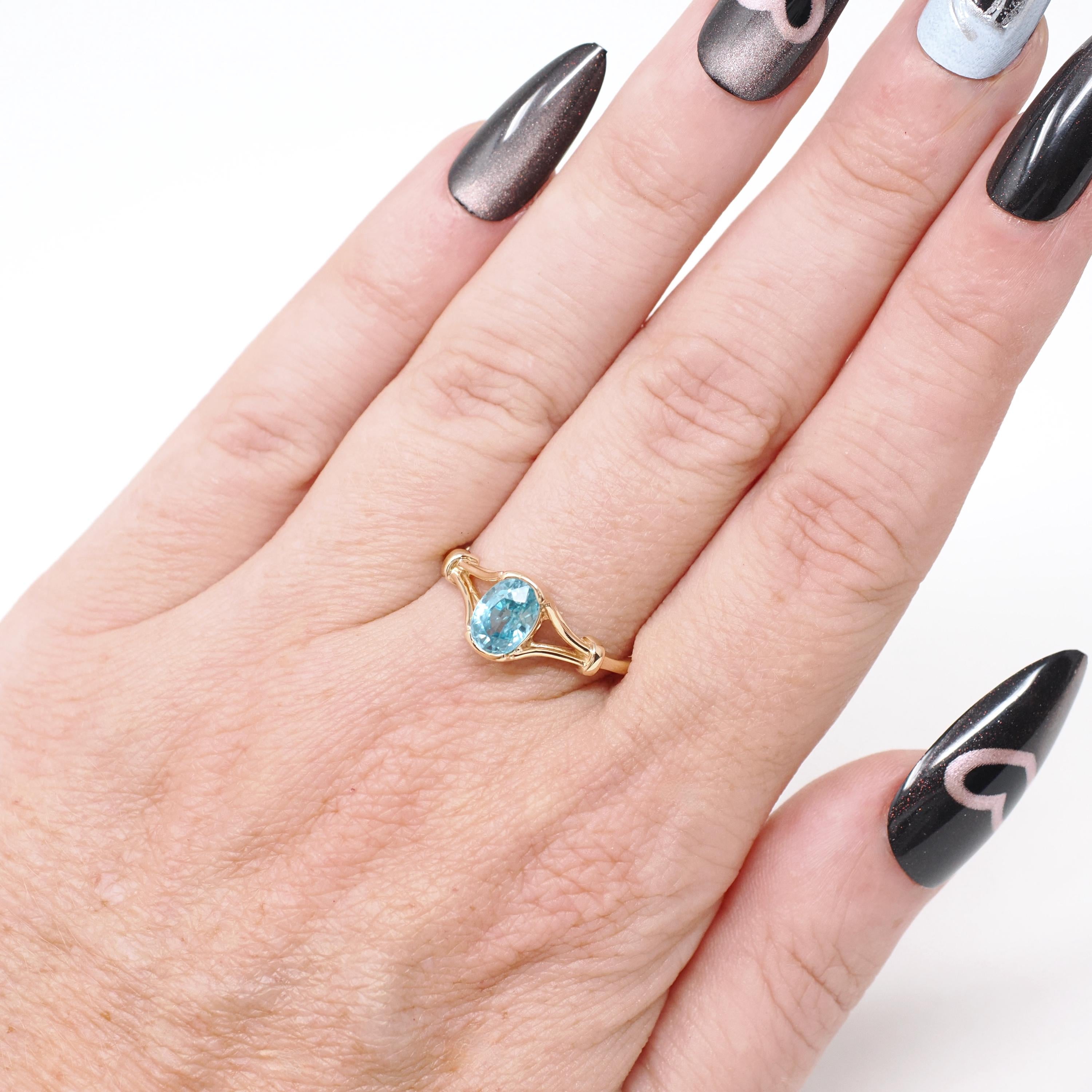 Blue Zircon Ring - Modern 14k Yellow Gold Oval 1.25 CT Gemstone Solitaire - Estate Circa 2000s Size 7 1/2 December Birthstone Fine Jewelry
