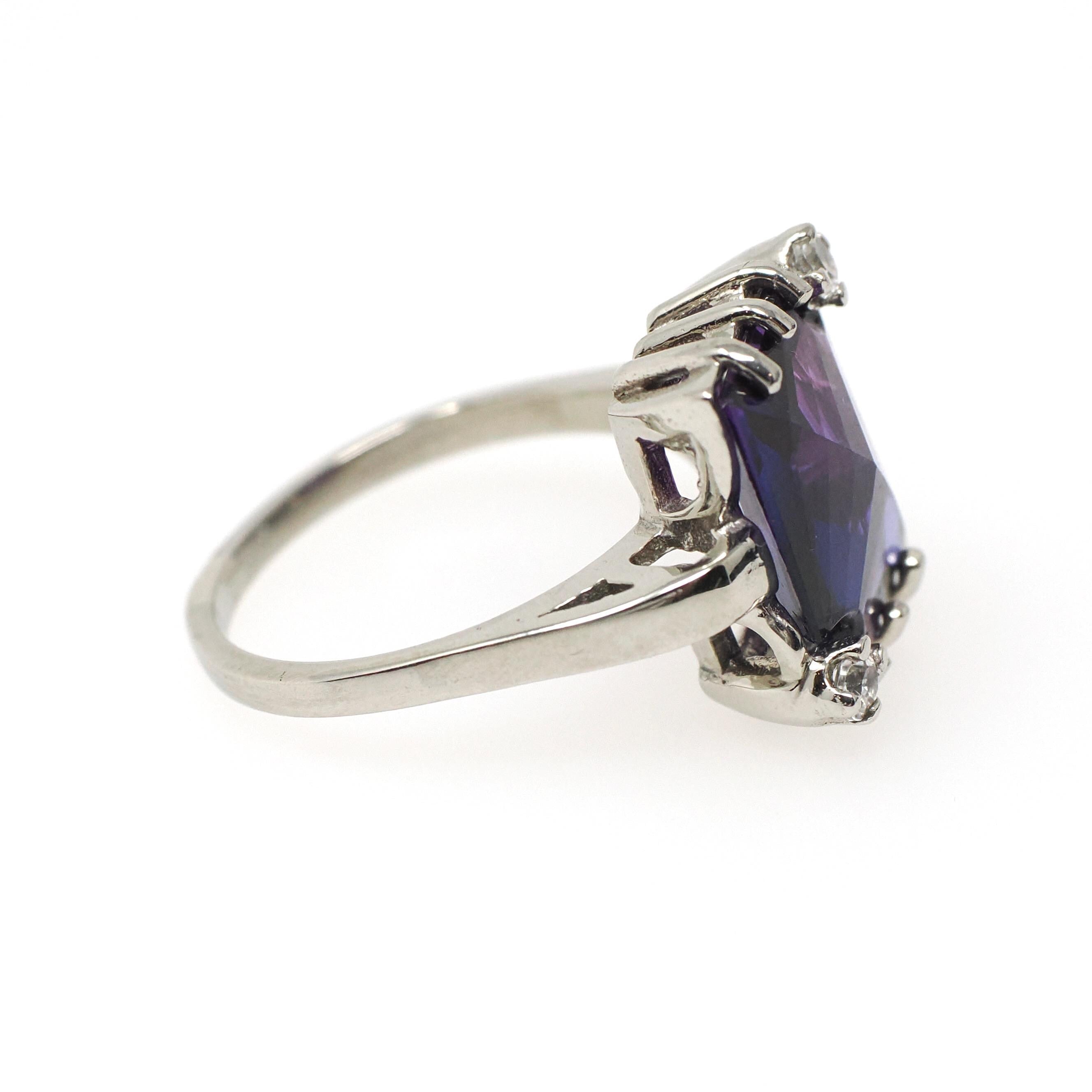 Created Color Change Sapphire Ring - Mid Century 10k White Gold Purple Blue Gem - Vintage 1960s Size 7 1/4 Created White Spinel Fine Jewelry