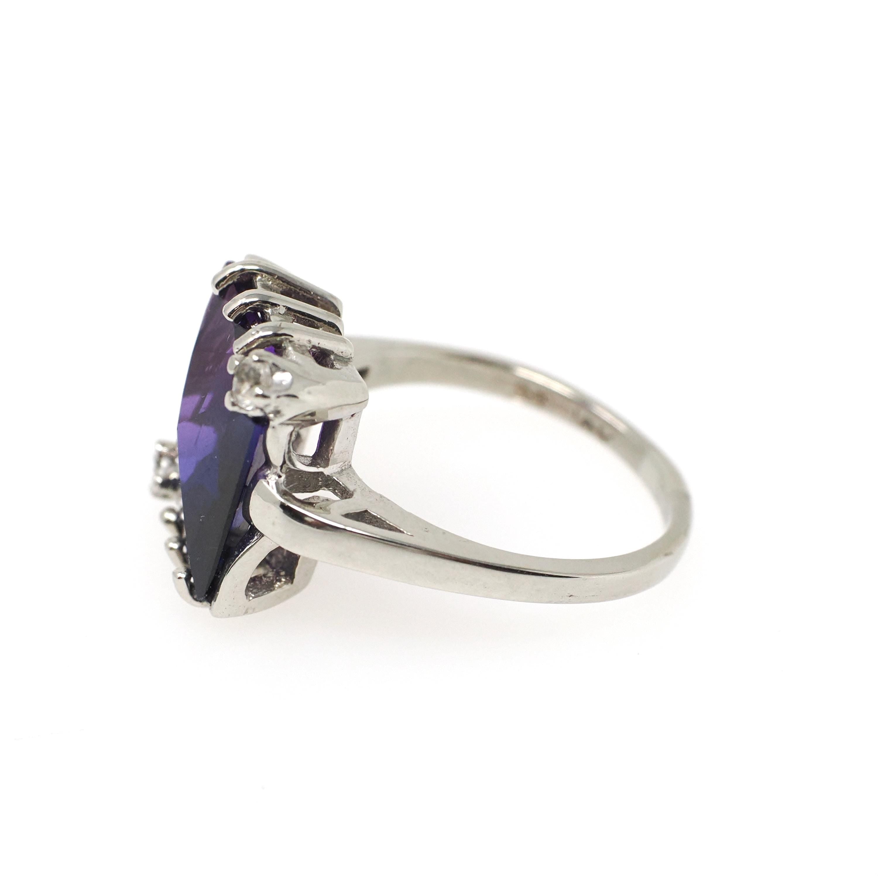 Created Color Change Sapphire Ring - Mid Century 10k White Gold Purple Blue Gem - Vintage 1960s Size 7 1/4 Created White Spinel Fine Jewelry