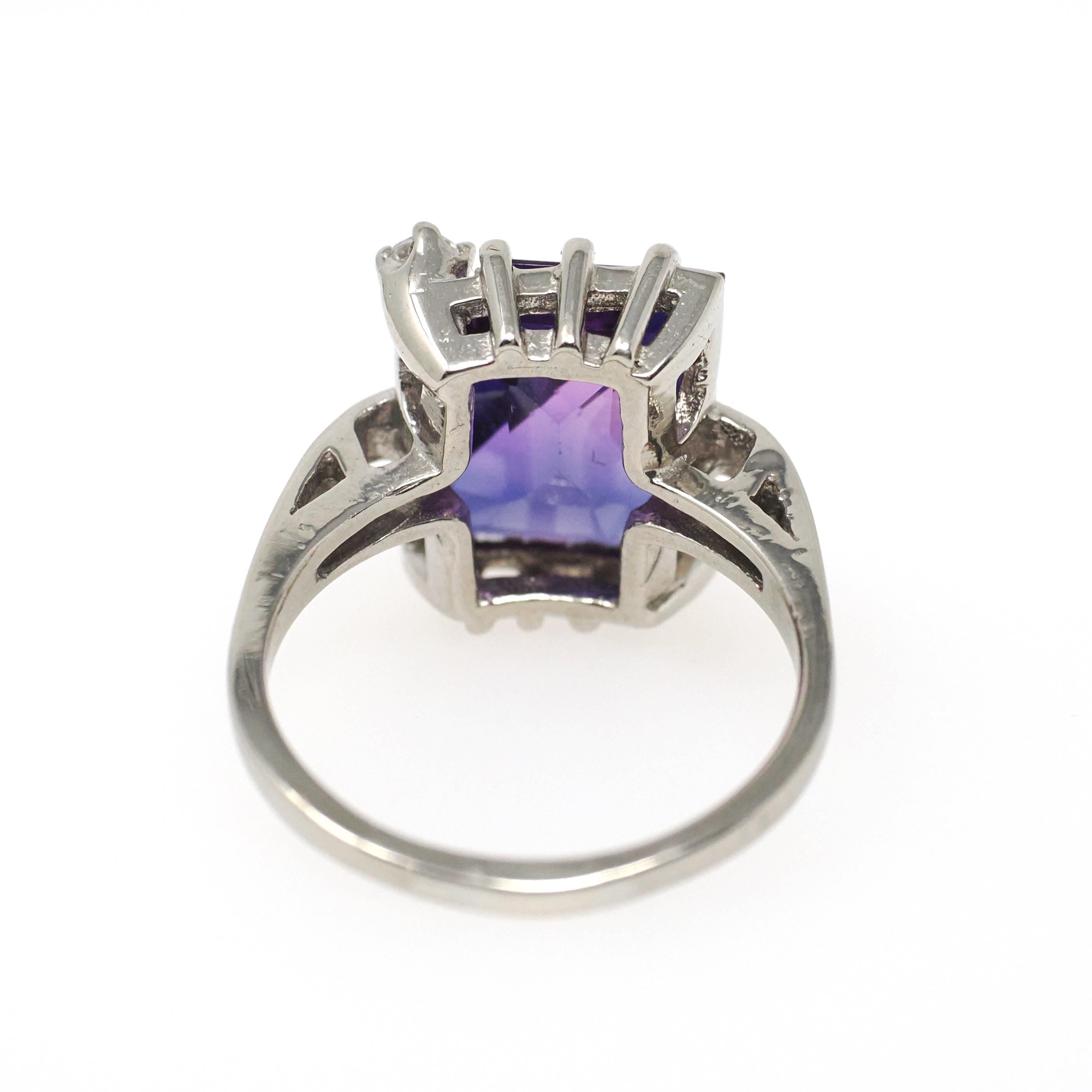 Created Color Change Sapphire Ring - Mid Century 10k White Gold Purple Blue Gem - Vintage 1960s Size 7 1/4 Created White Spinel Fine Jewelry