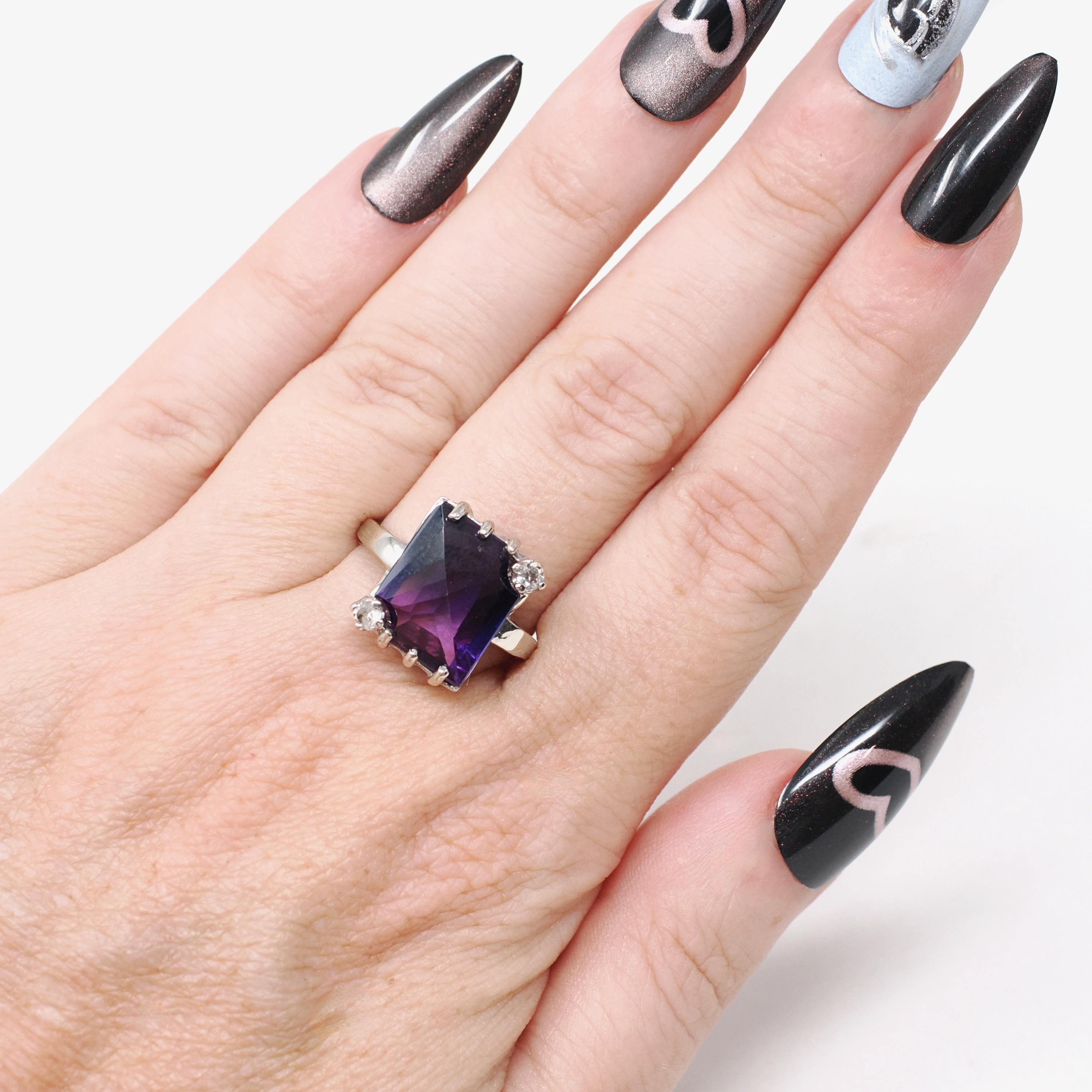 Created Color Change Sapphire Ring - Mid Century 10k White Gold Purple Blue Gem - Vintage 1960s Size 7 1/4 Created White Spinel Fine Jewelry